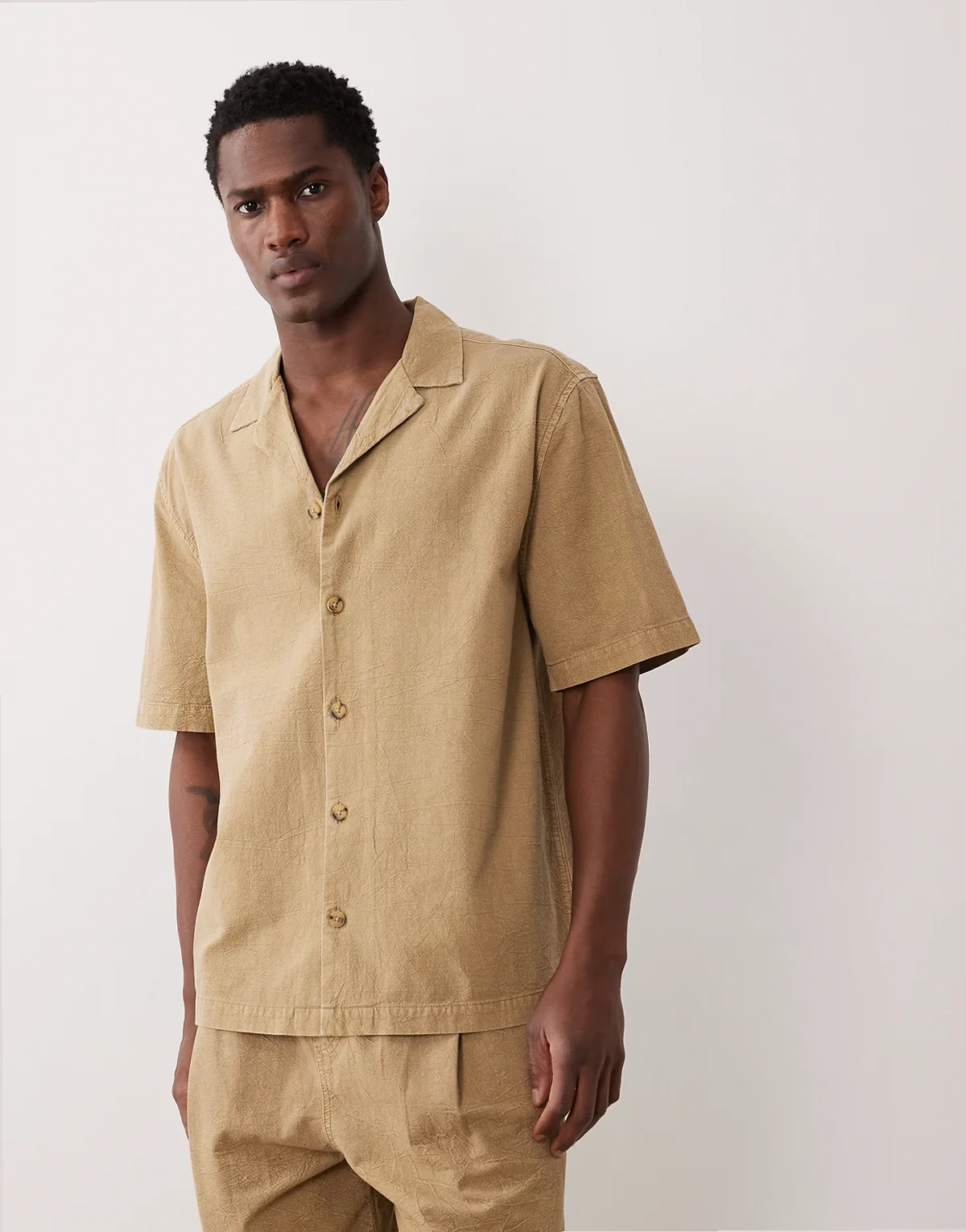 textured camp collar shirt in beige - part of a set