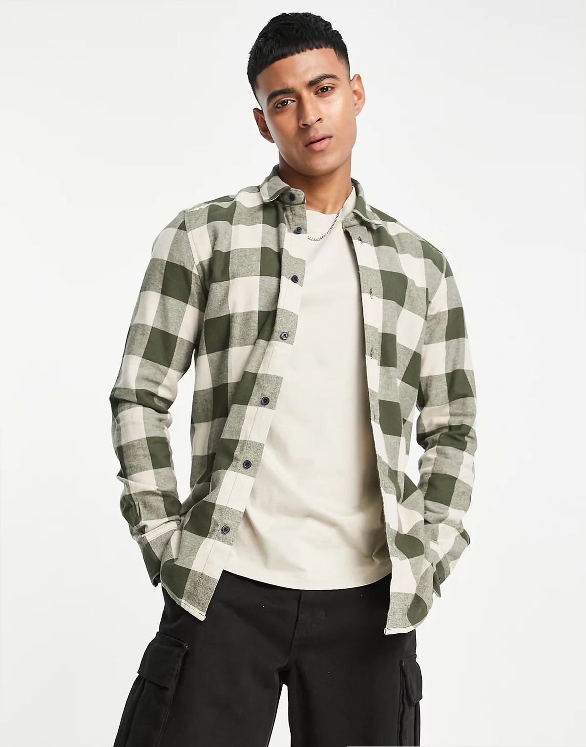 buffalo plaid shirt in khaki and beige