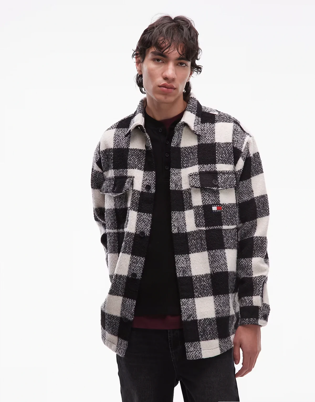 – Hemdjacke in kariertem Schwarz