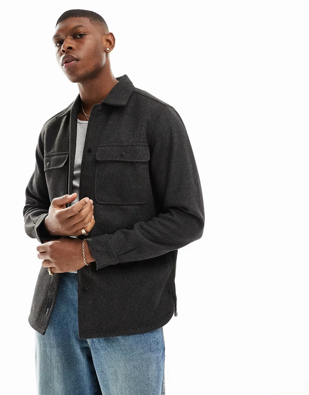 wool look overshirt in charcoal