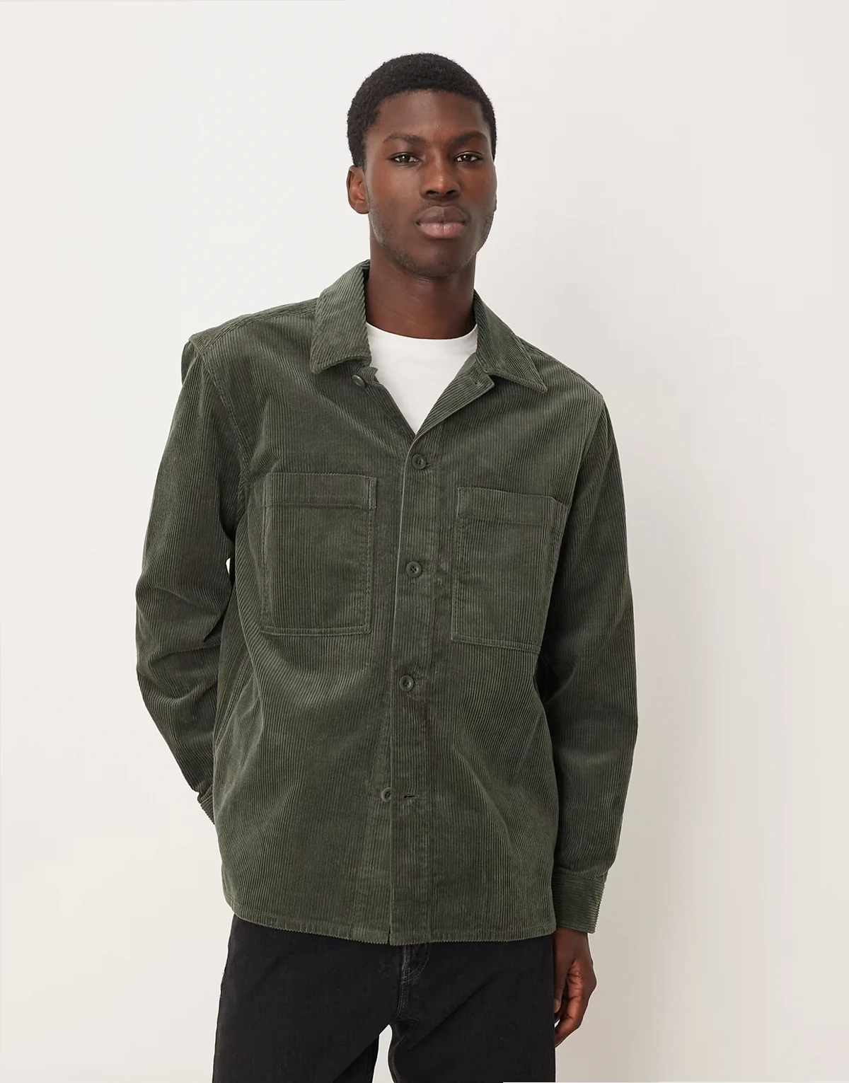 corduroy overshirt with front patch pockets in khaki green
