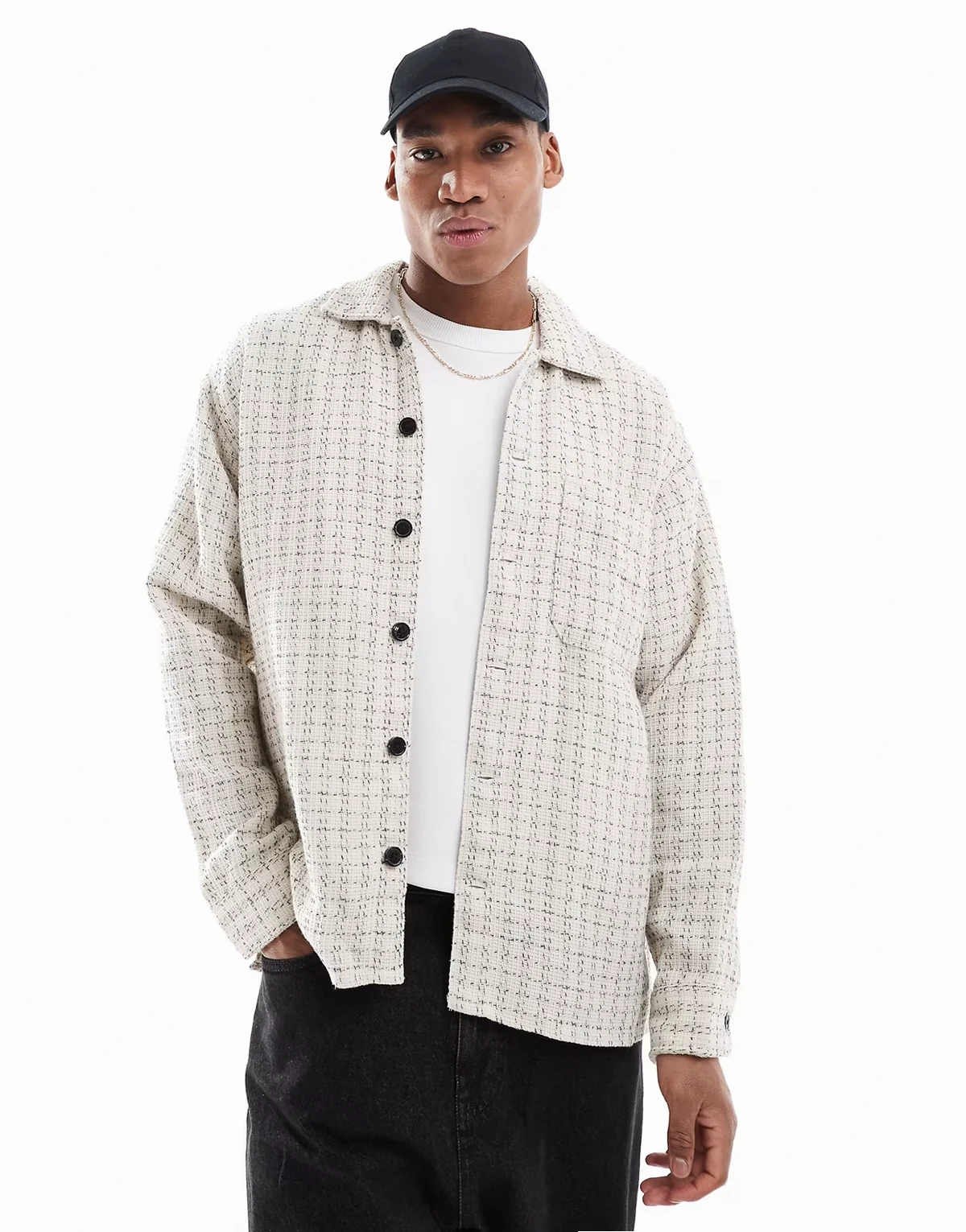 textured overshirt in cream check