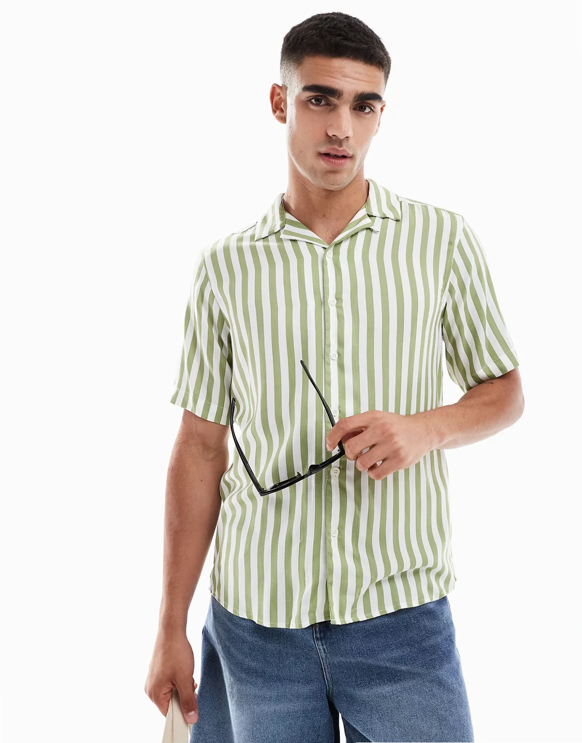 revere collar stripe shirt in sage
