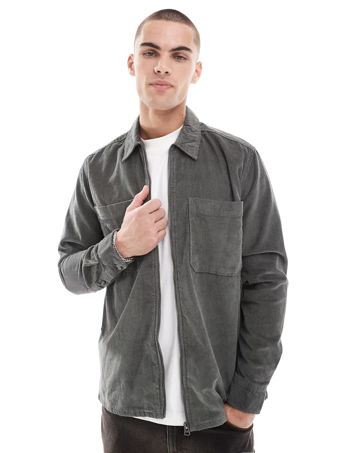 zip up cord overshirt in dark khaki
