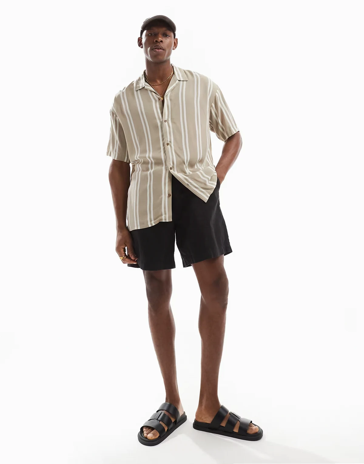revere collar striped short sleeve shirt in beige