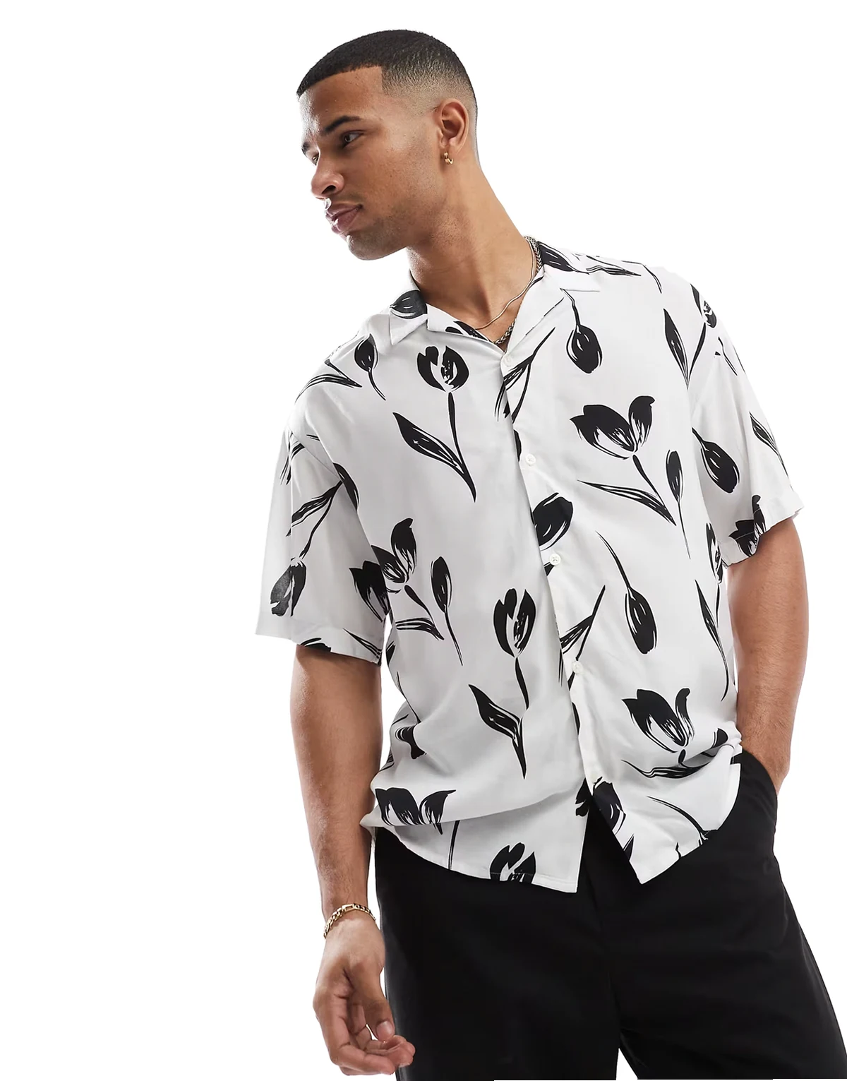 camp collar floral print shirt sleeve shirt in white