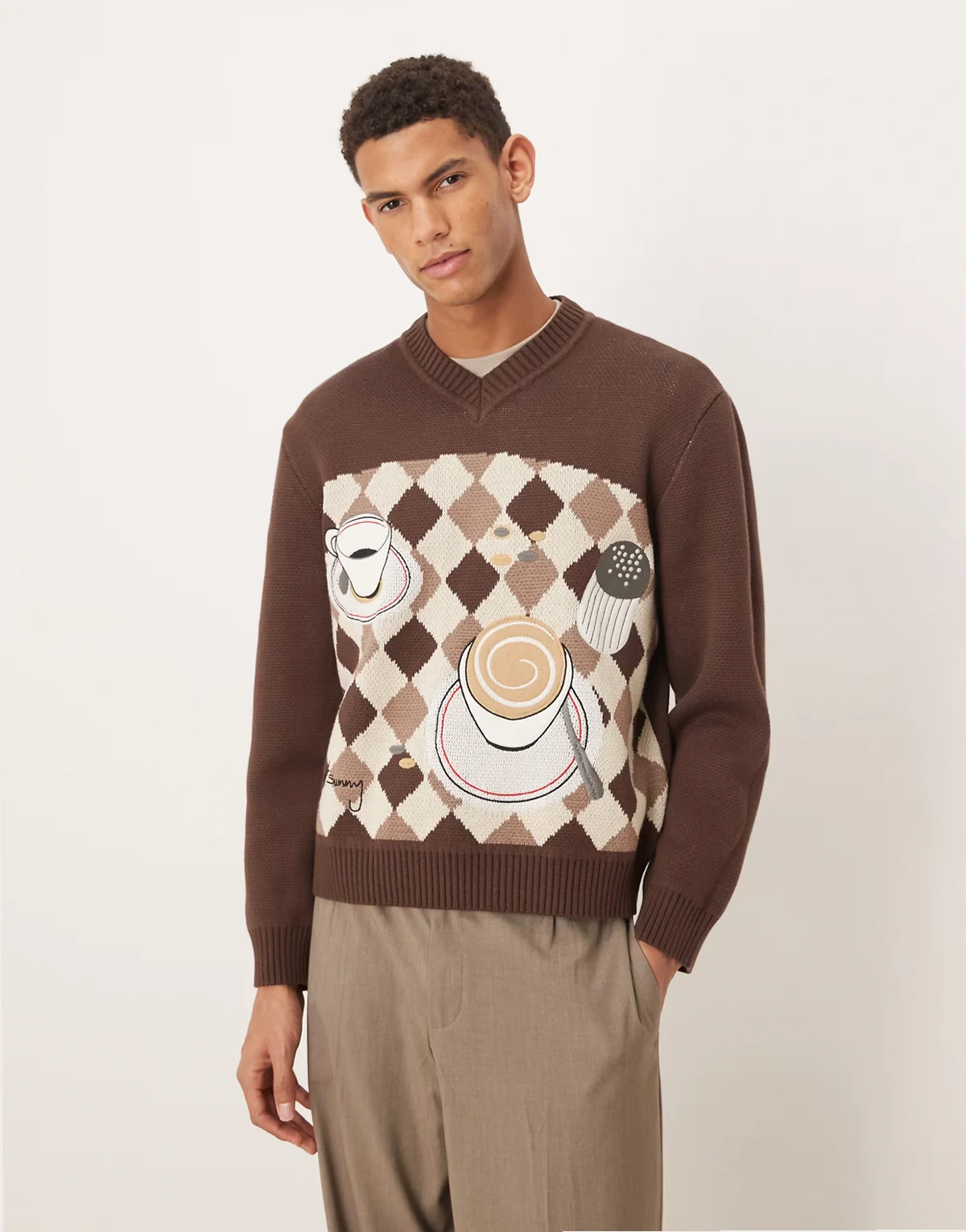 daily grind jacquard knit v neck sweater in brown