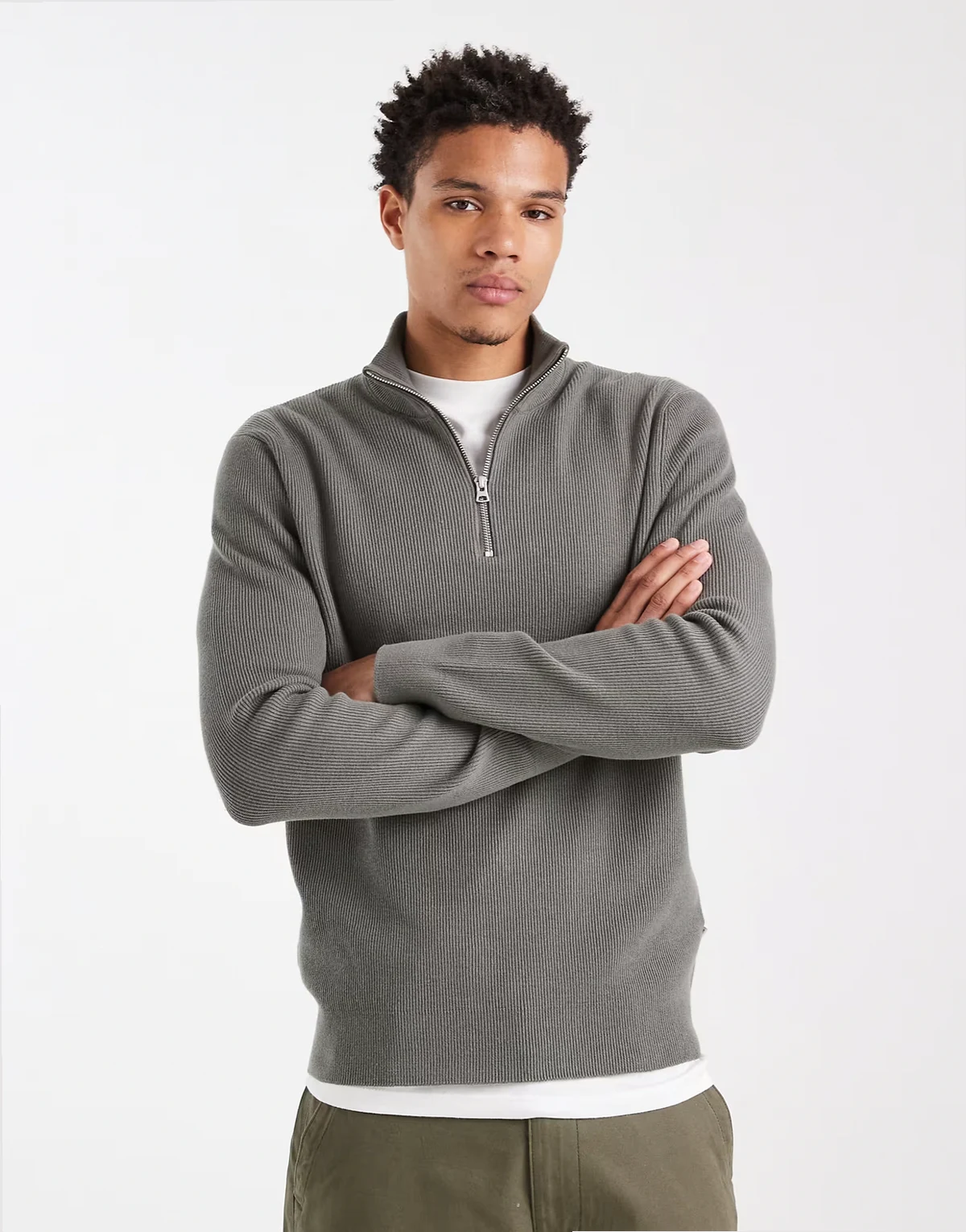 ribbed half zip sweater in green gray