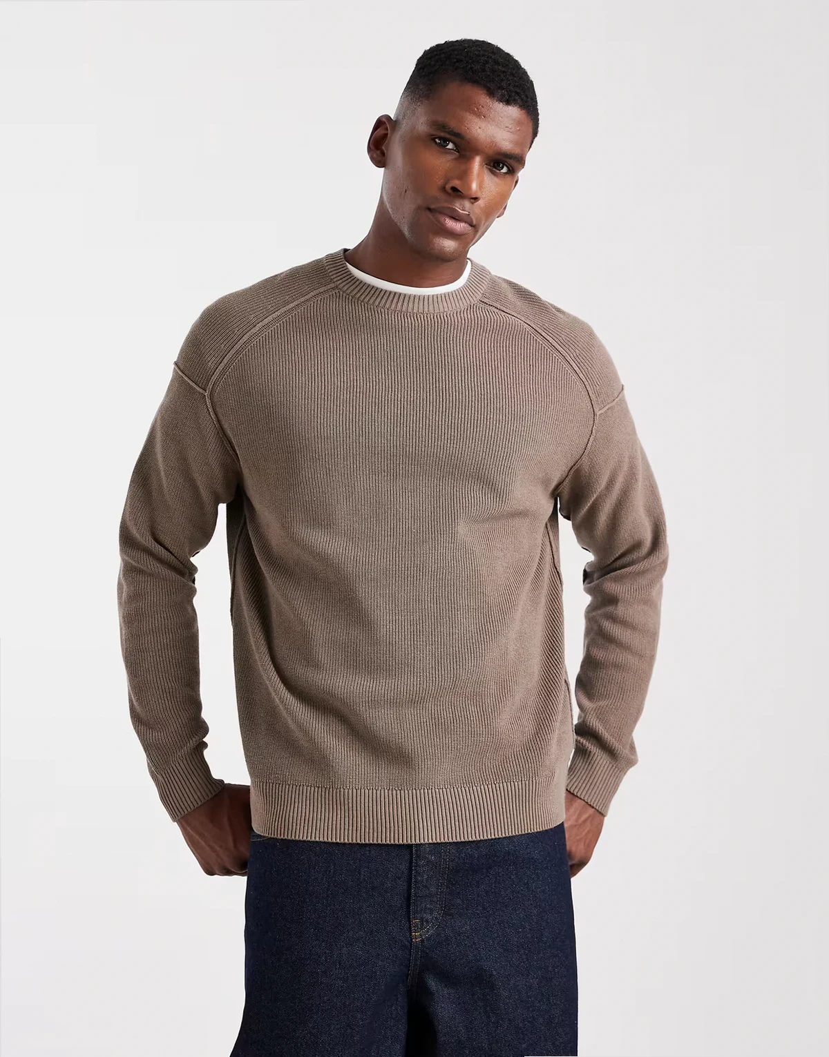 dropped shoulders crew neck knit sweater in brown