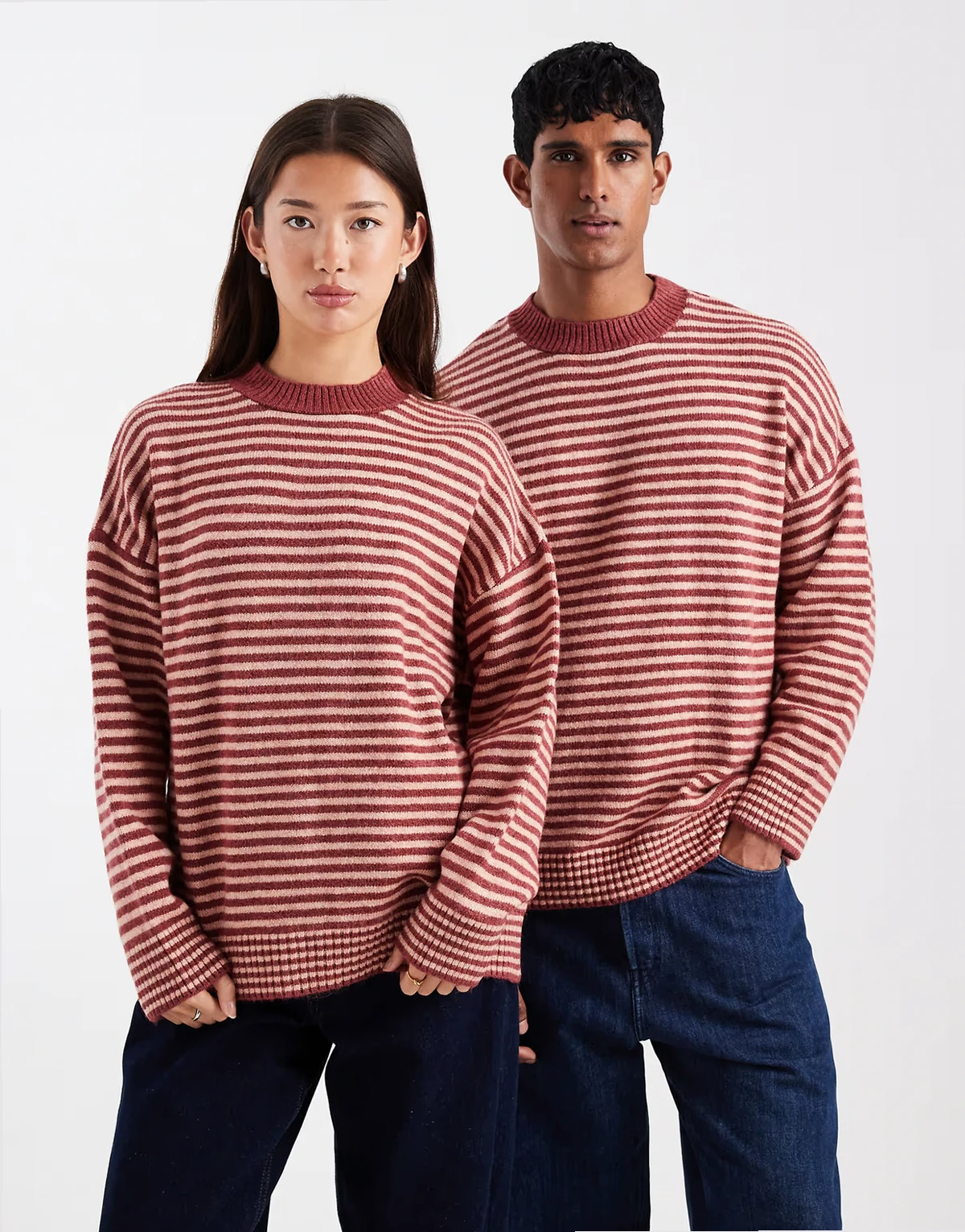 unisex fluffy striped crew neck sweater in cream