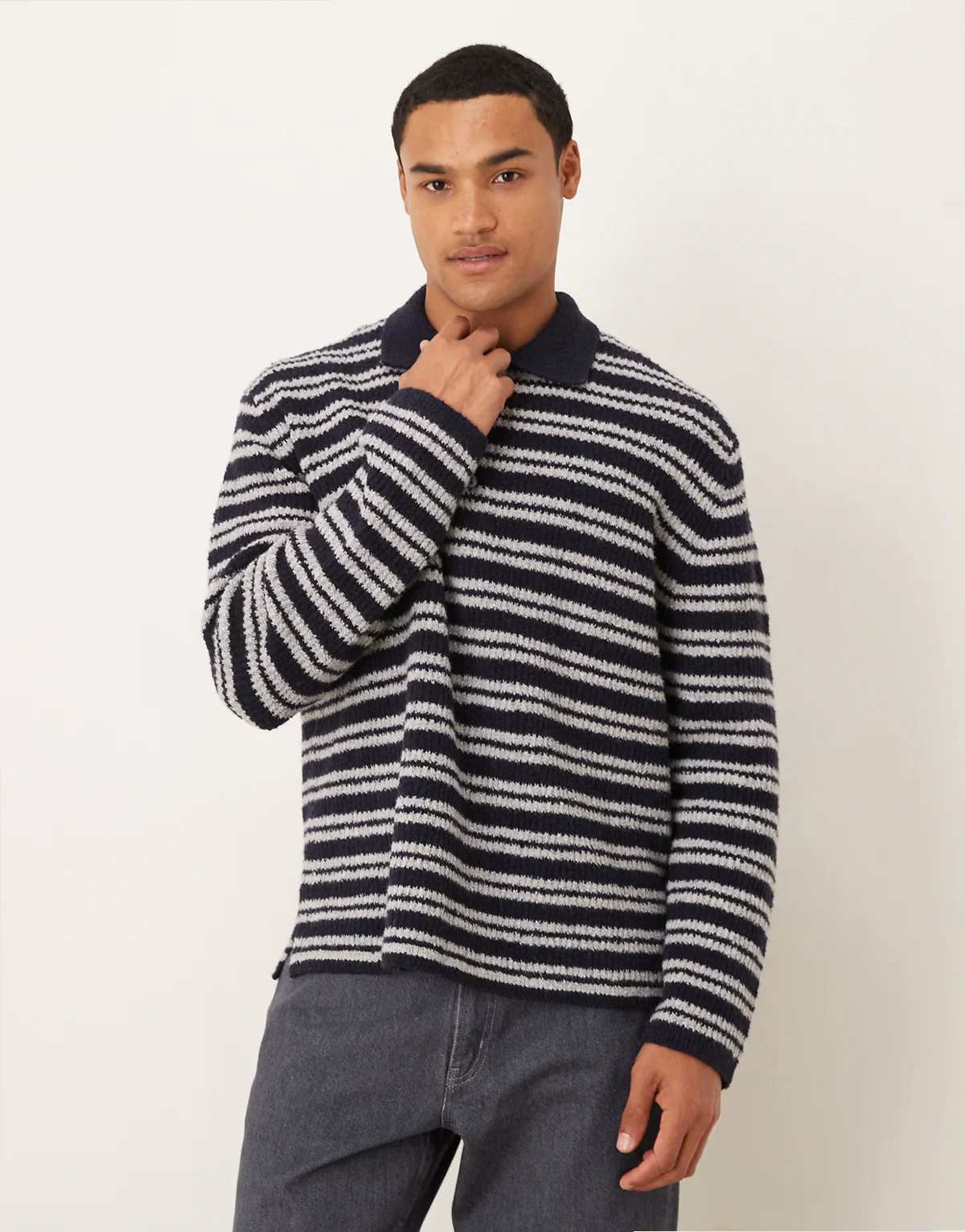 half button oversized polo sweater in multi stripe pattern