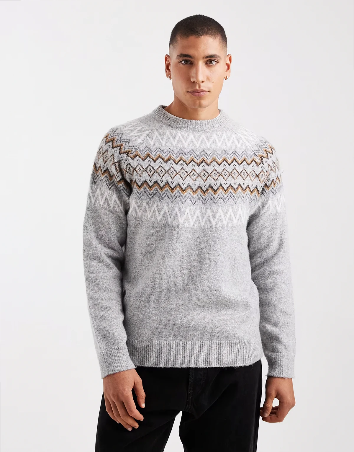 Fairisle print crew neck sweater in light gray
