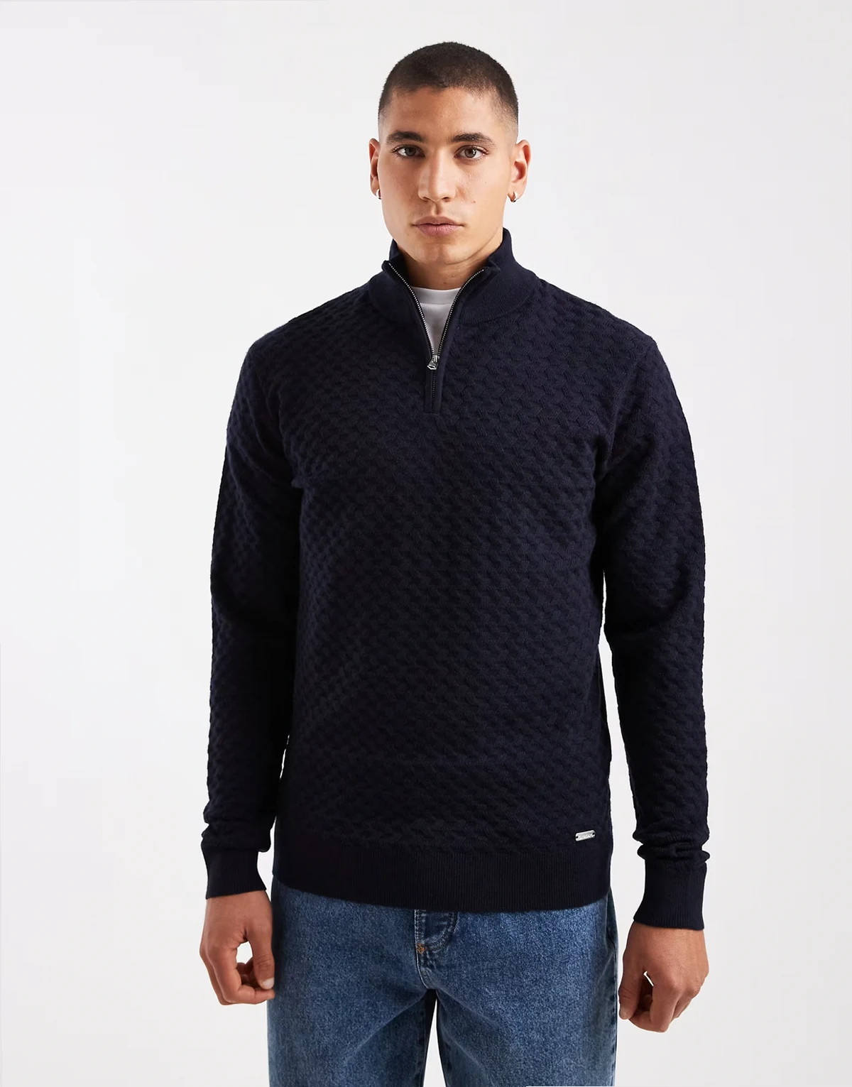 textured quarter zip knit sweater in navy
