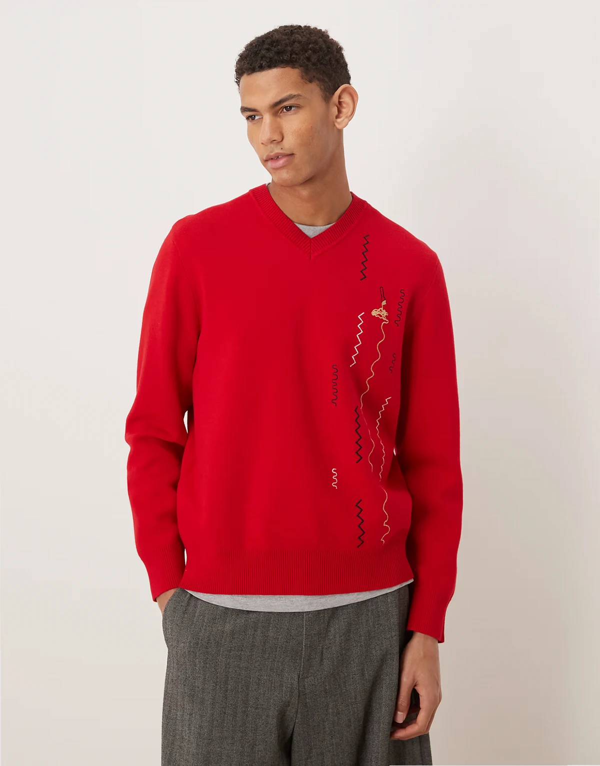 more spaghetti jacquard knit v neck sweater in red