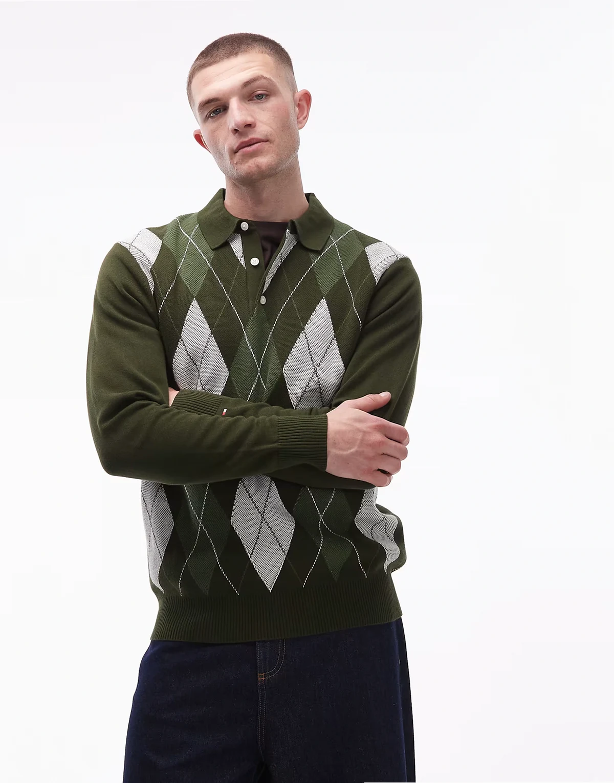 – Zielona dzianinowa koszulka polo w stylu rugby z długimi rękawami we wzór w romby