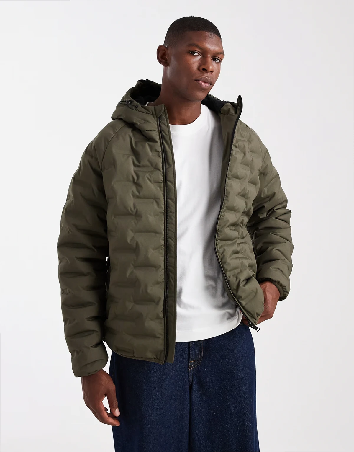 textured puffer coat with hood in khaki green