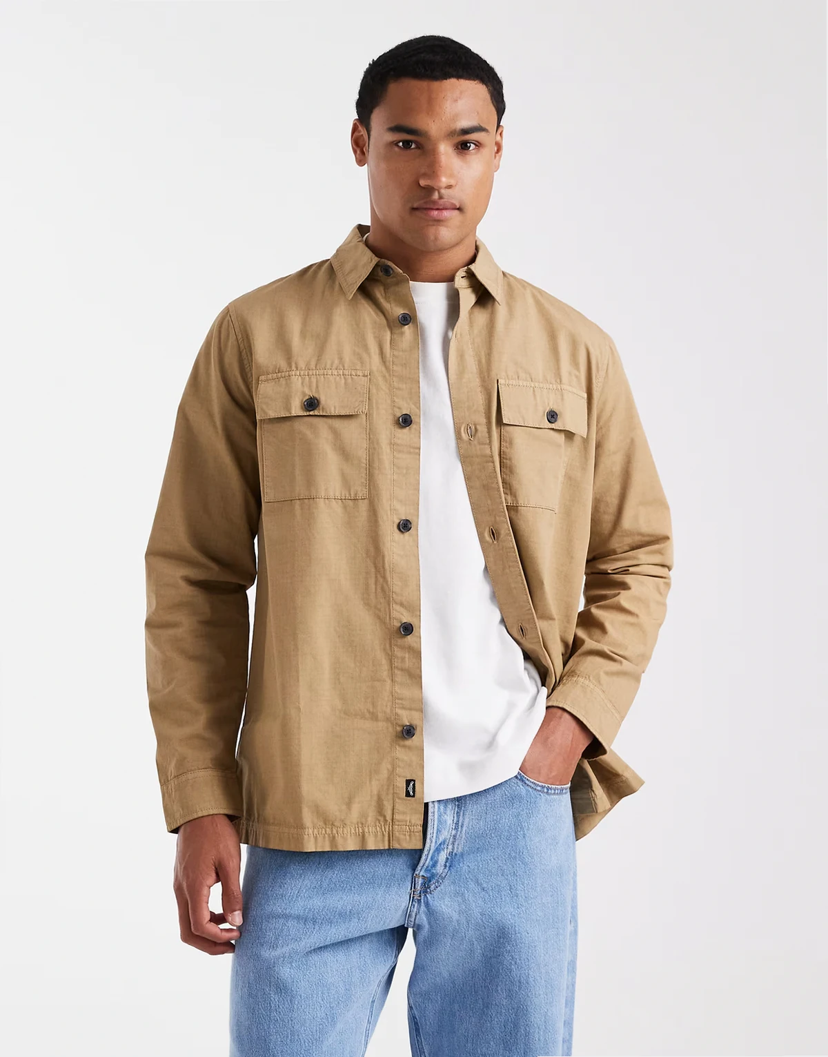 cotton poplin button down shacket in stone