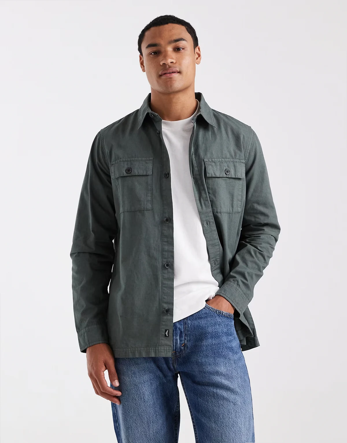 cotton poplin button down shacket in dark green