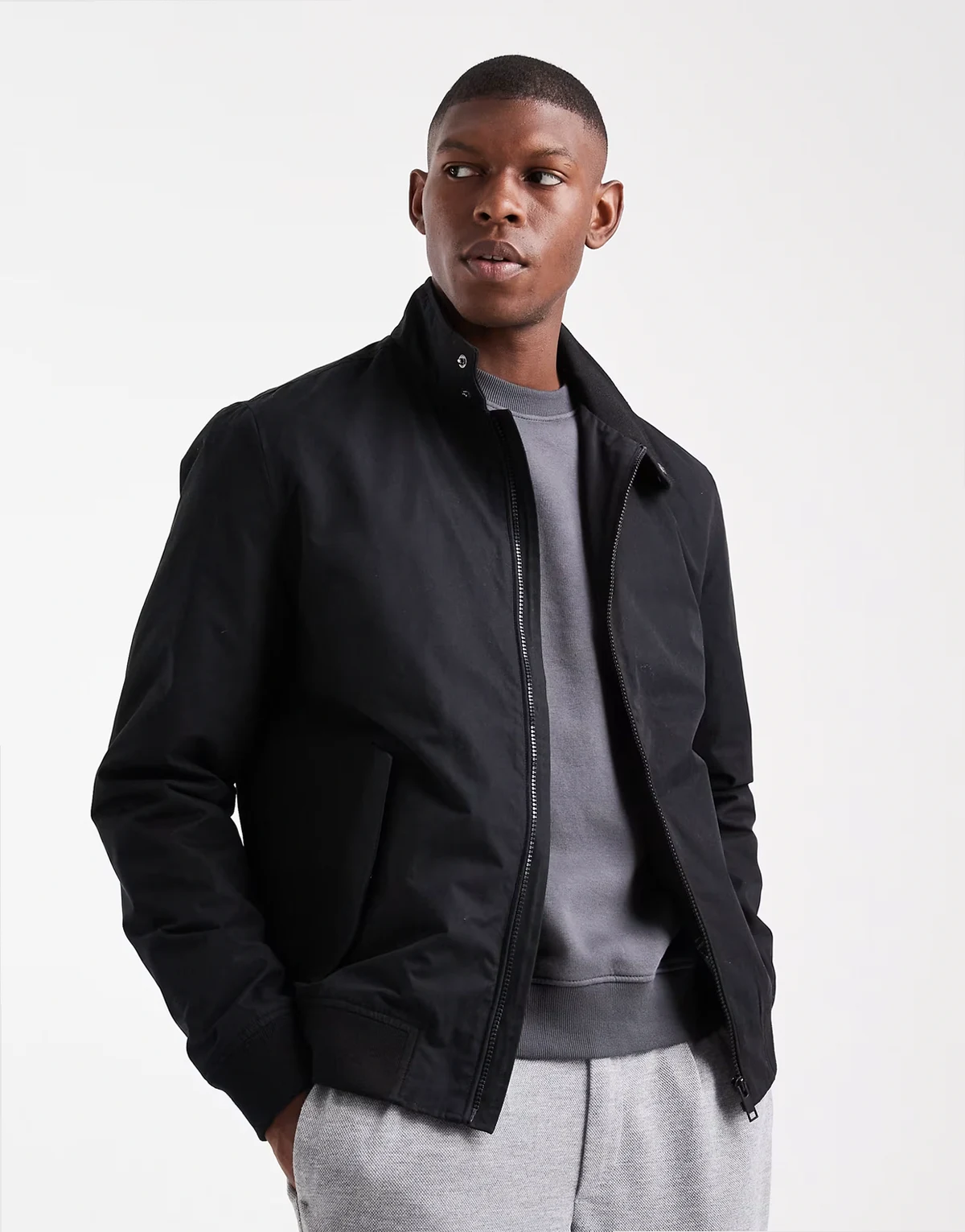 bomber jacket with funnel collar in black