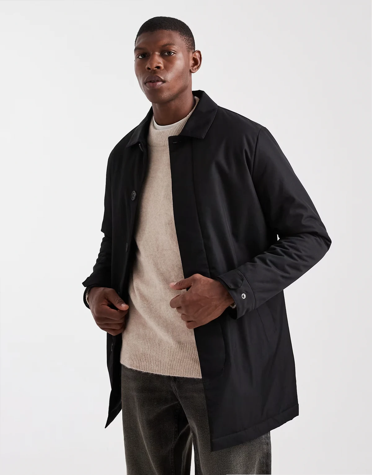 short button down rain coat in black