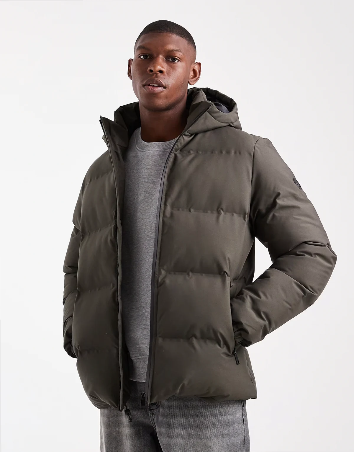 puffer jacket with hood in khaki green