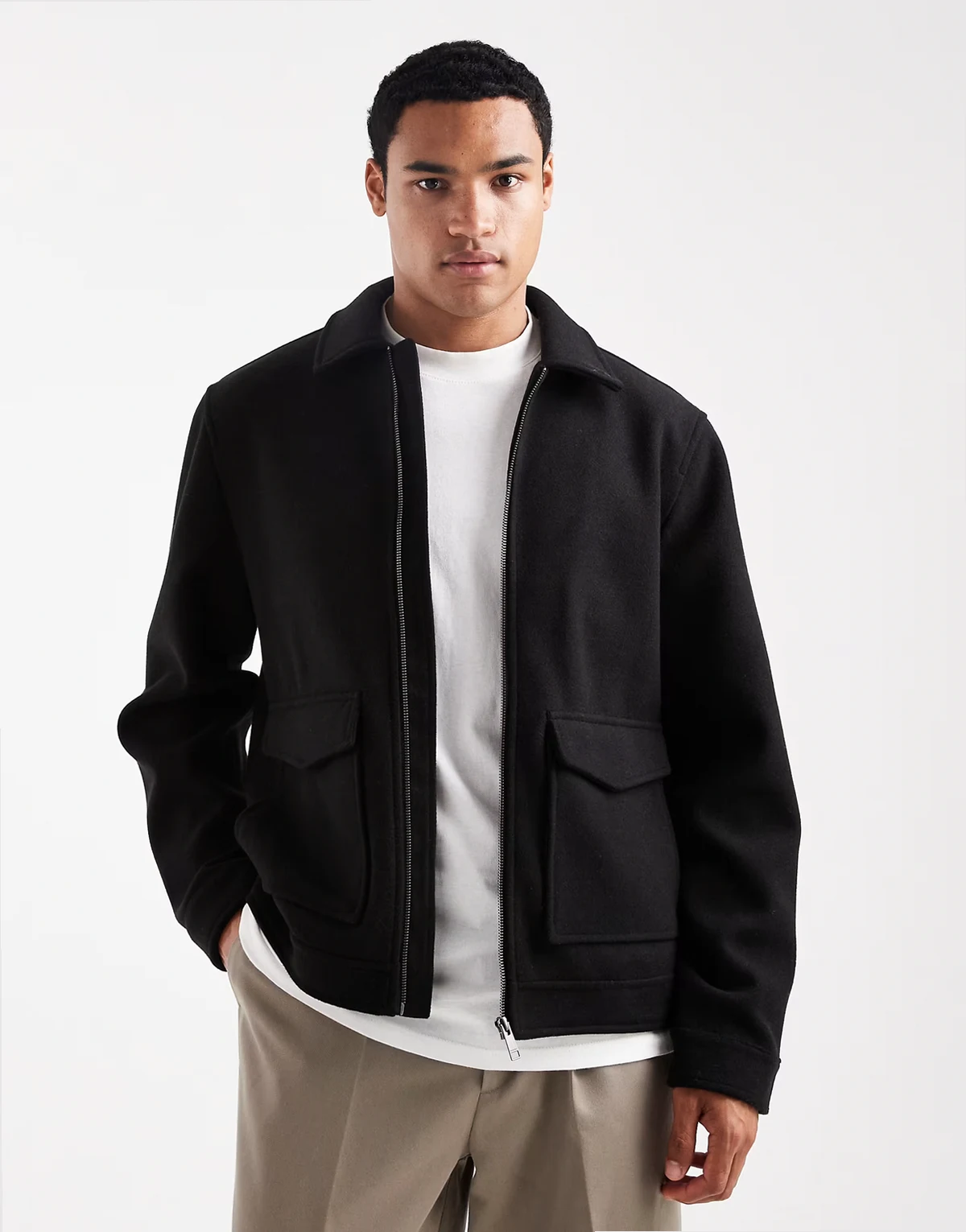 wool look jacket with collar and zip front in black