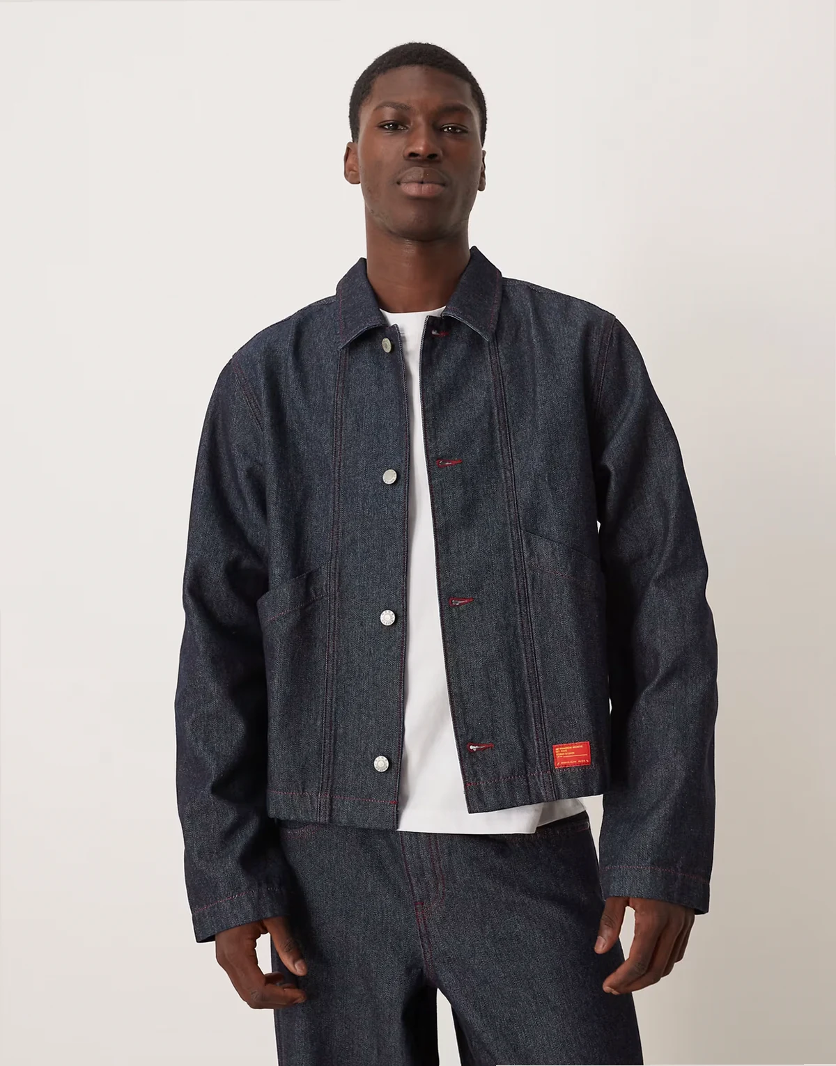 harrington denim jacket in dark rinse wash with red stitch - part of a set