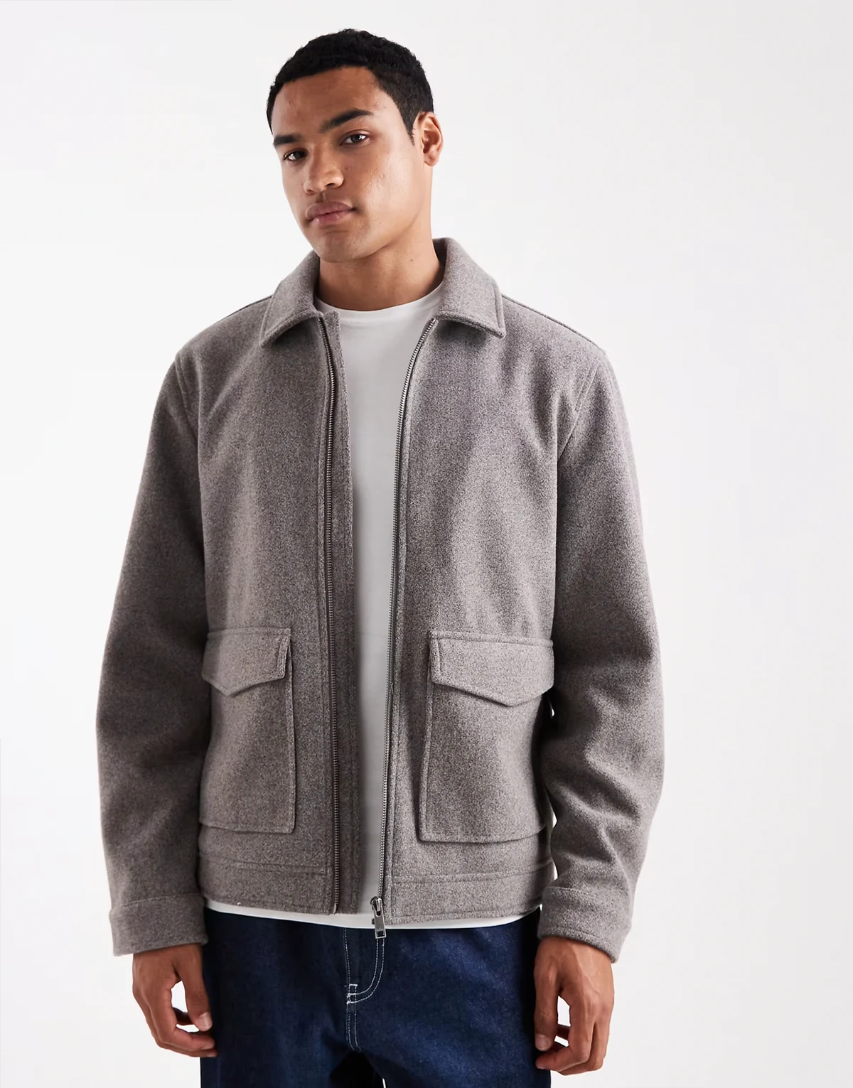 wool look jacket with collar and zip front in taupe