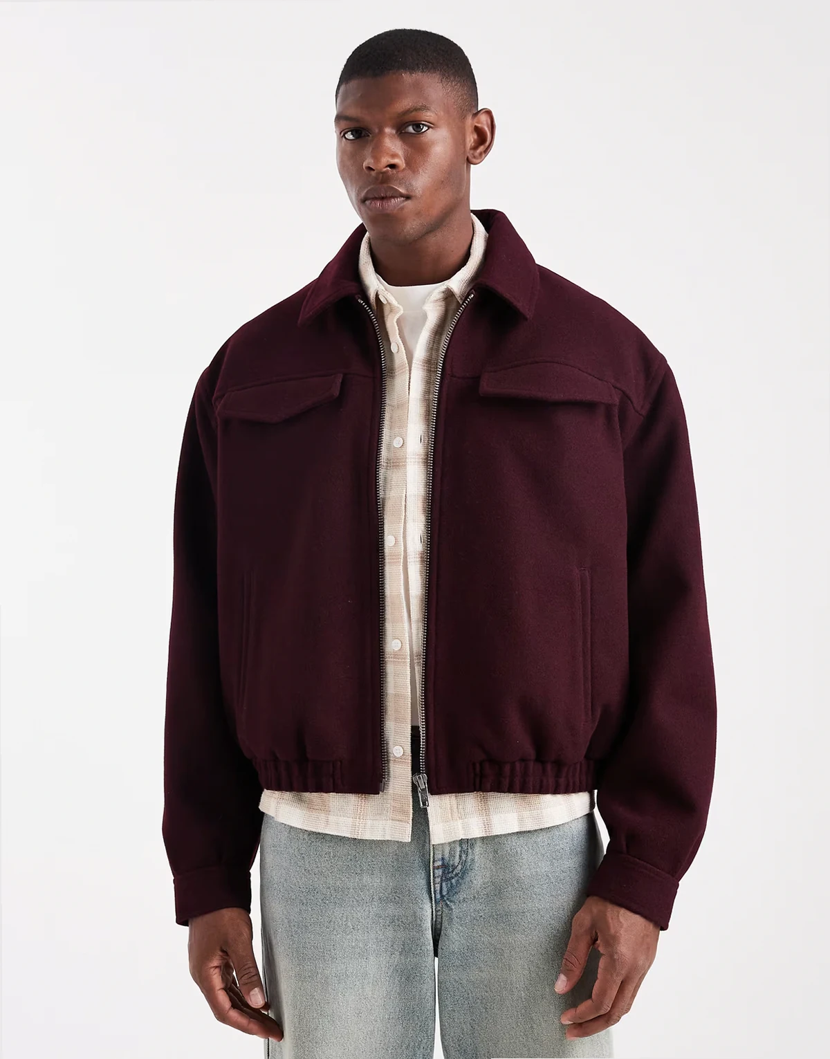 ‒ Harrington-Jacke mit Wolloptik in Burgunderrot