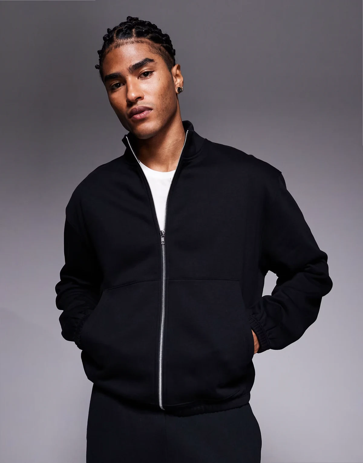– Relaxed Fit Jersey-Trainingsjacke in Schwarz mit Reißverschluss