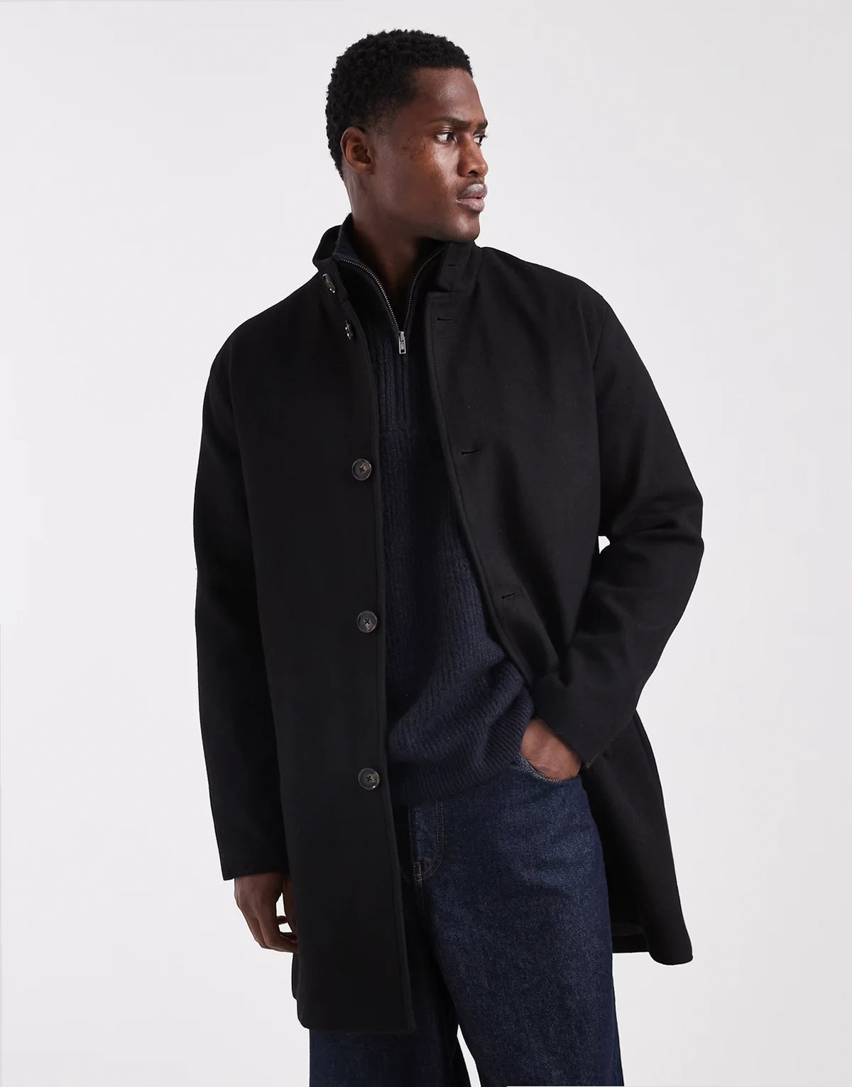 wool blend funnel neck overcoat in black