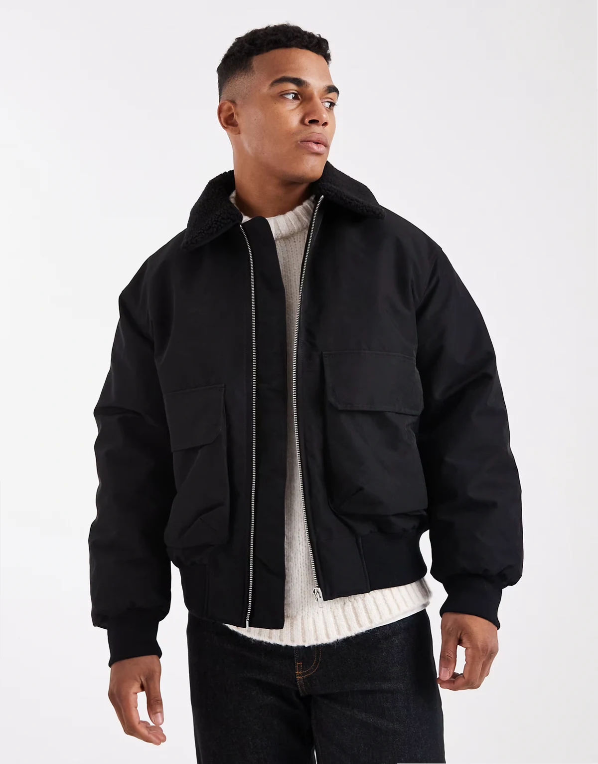 bomber jacket with teddy collar in black