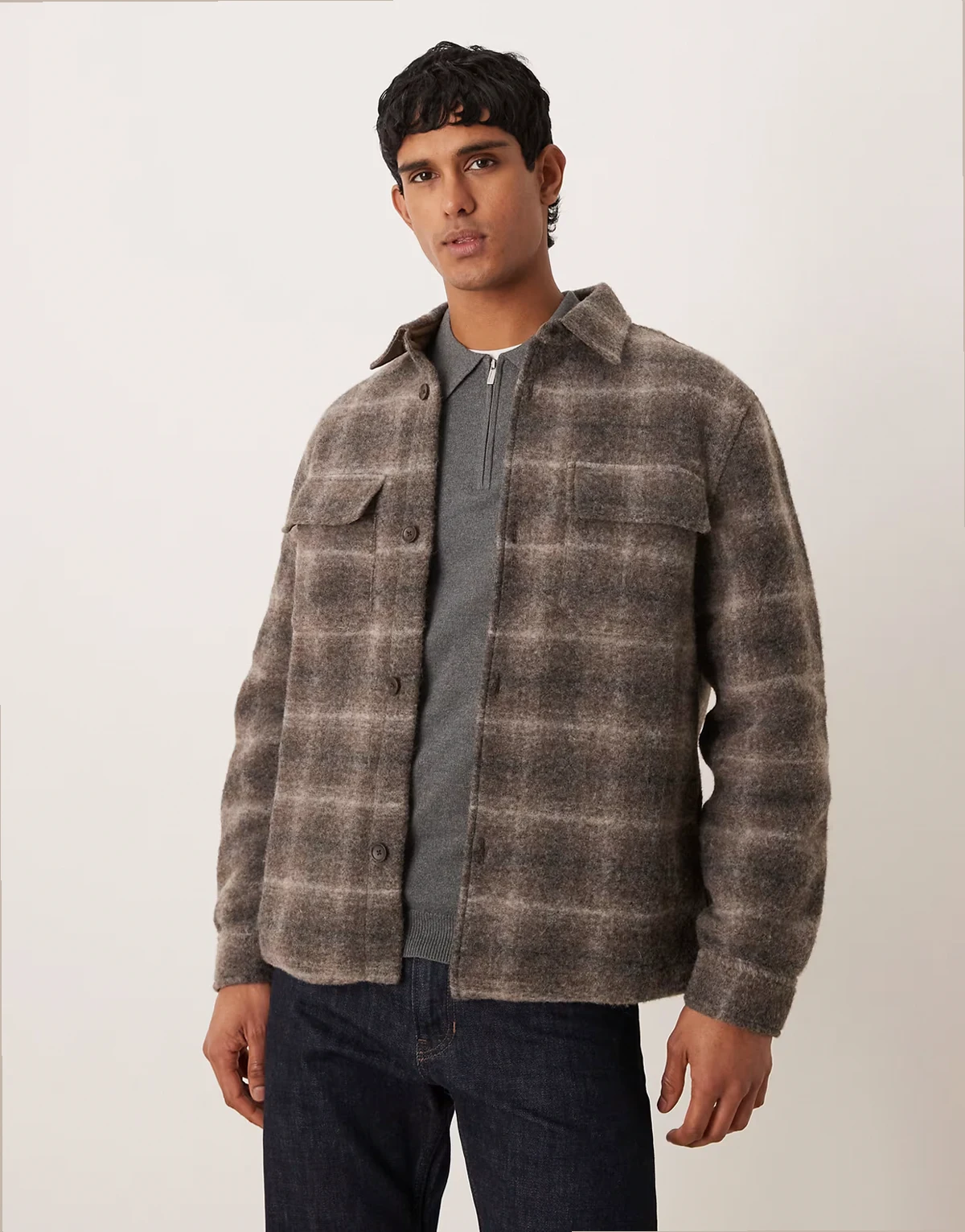 – Karierte Hemdjacke aus Wollmix in Braun