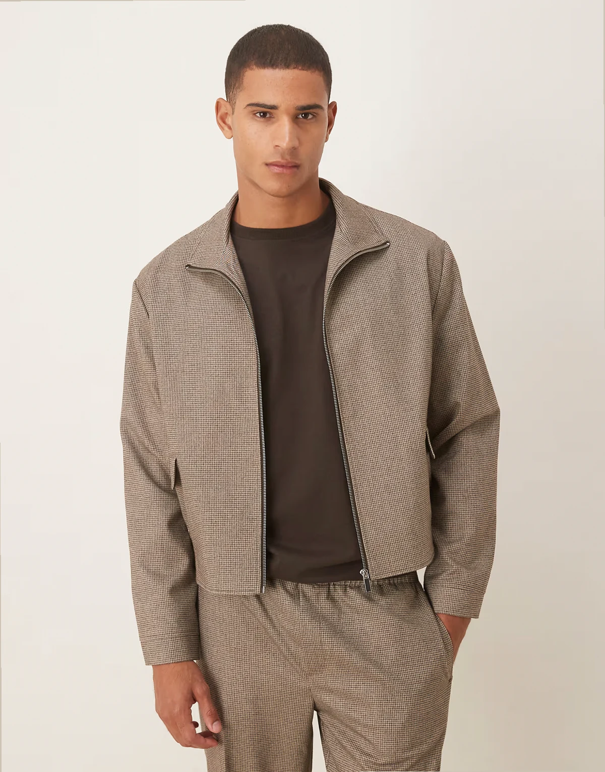 dressy blouson jacket with funnel neck zip in brown microplaid - part of a set