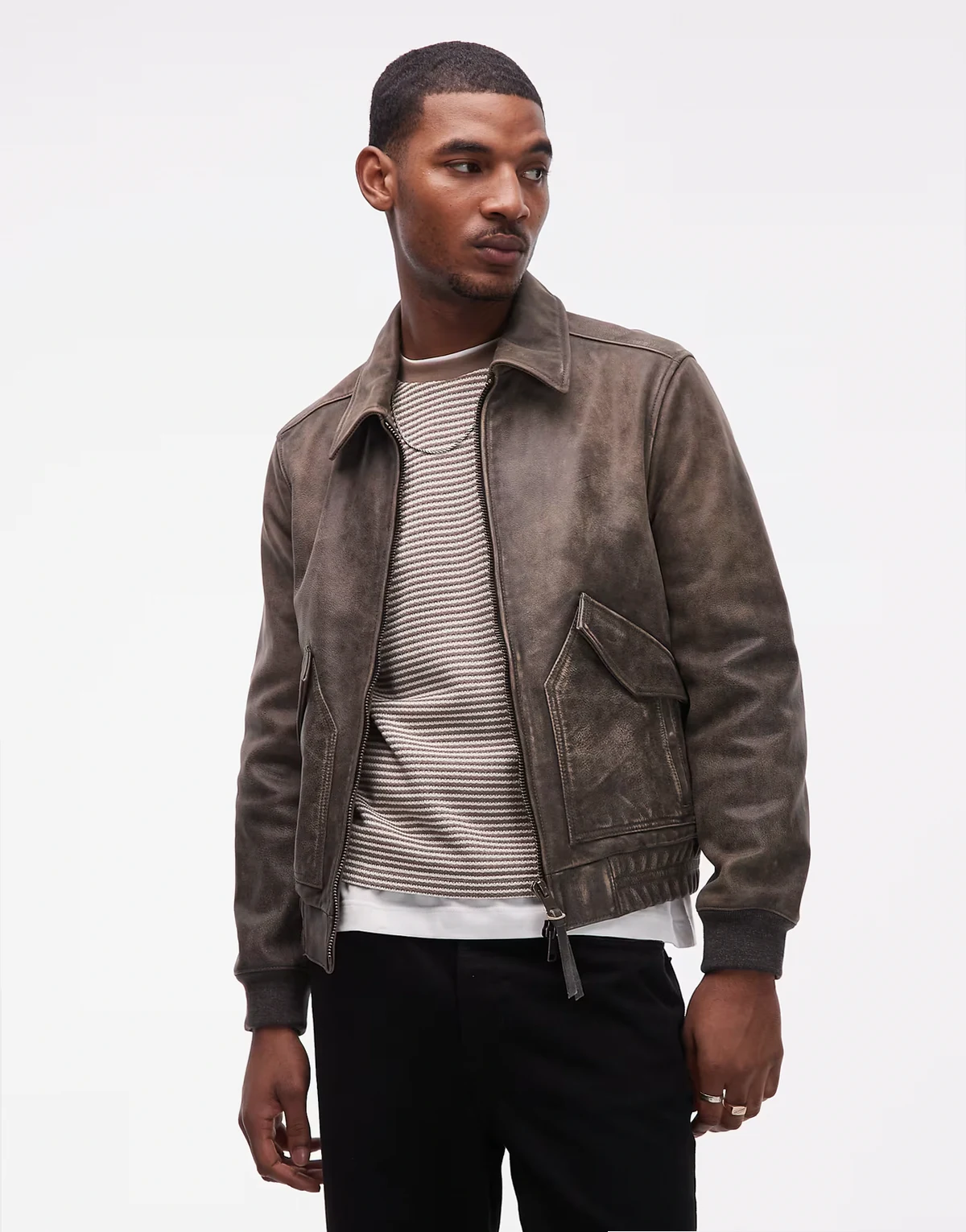 – Marland – Pilotenjacke aus Leder in verwaschenem Schwarz mit Reißverschluss