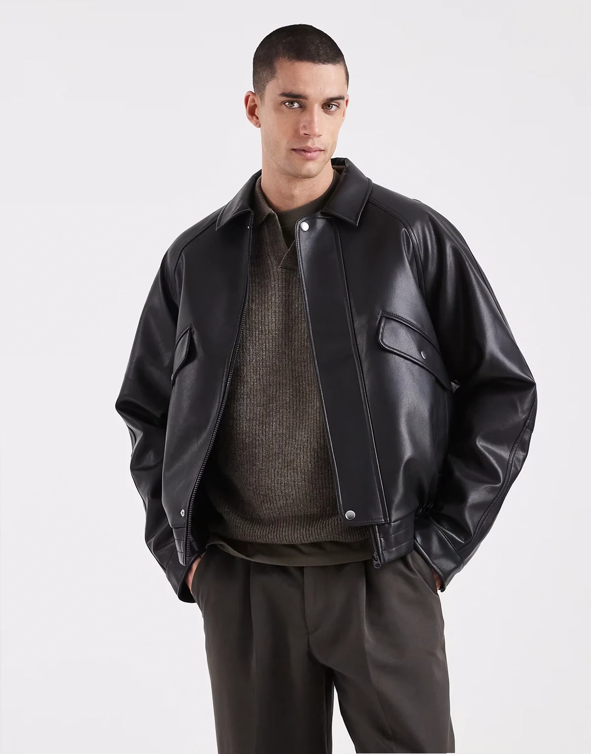 – Relaxed-Fit-Harrington-Jacke aus Kunstleder in Schwarz