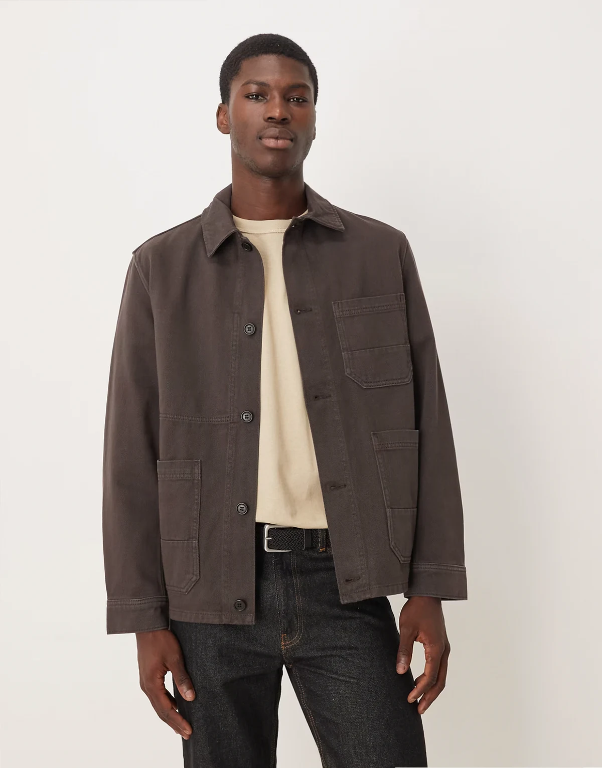 overdyed twill shacket in brown