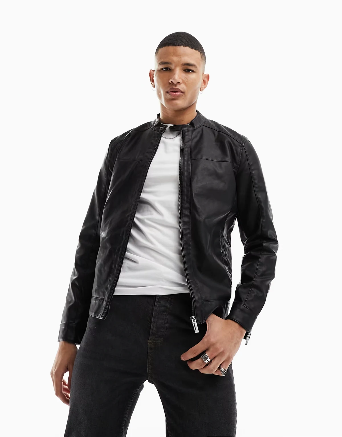 faux leather racer jacket in black