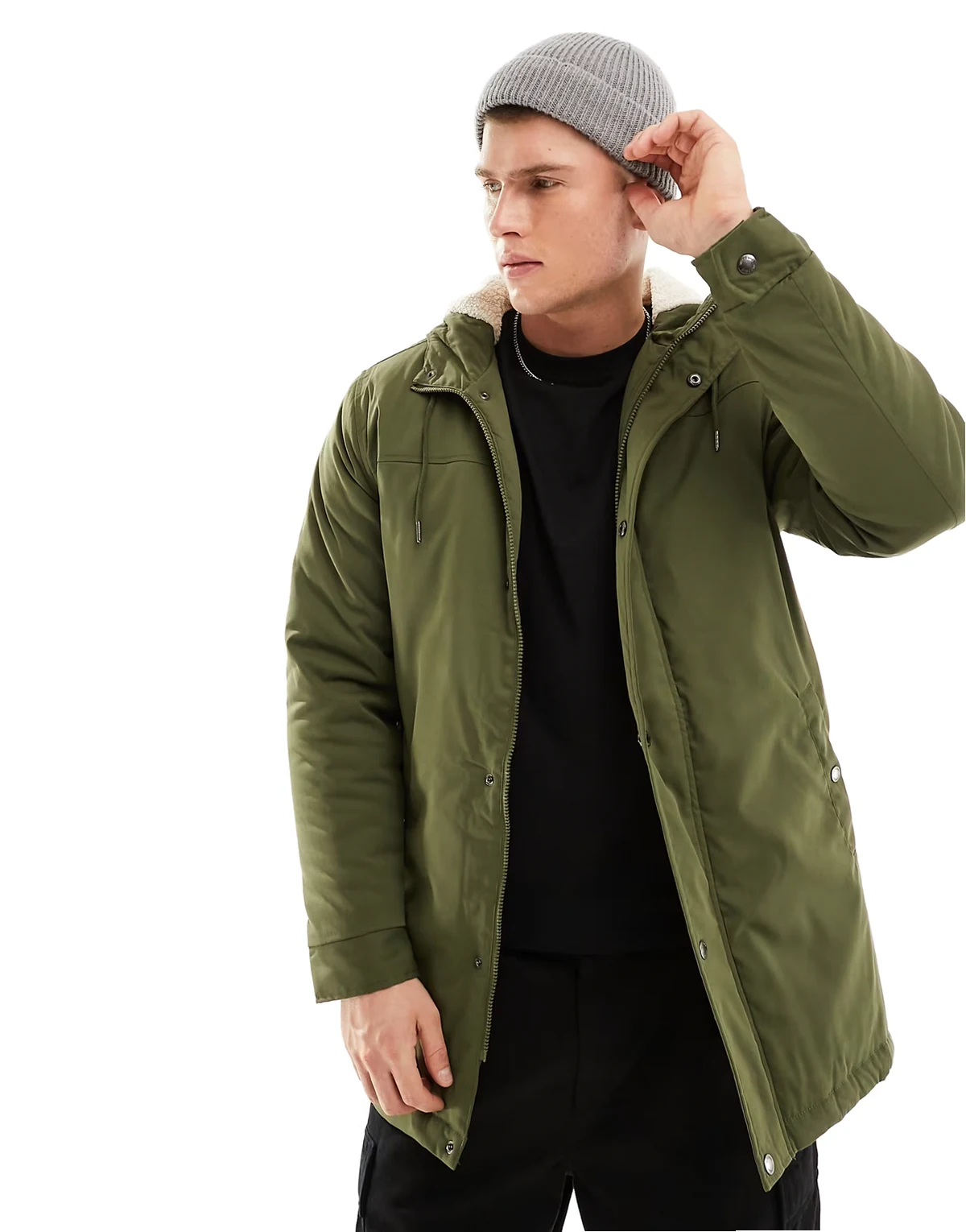 parka with borg lined hood in khaki