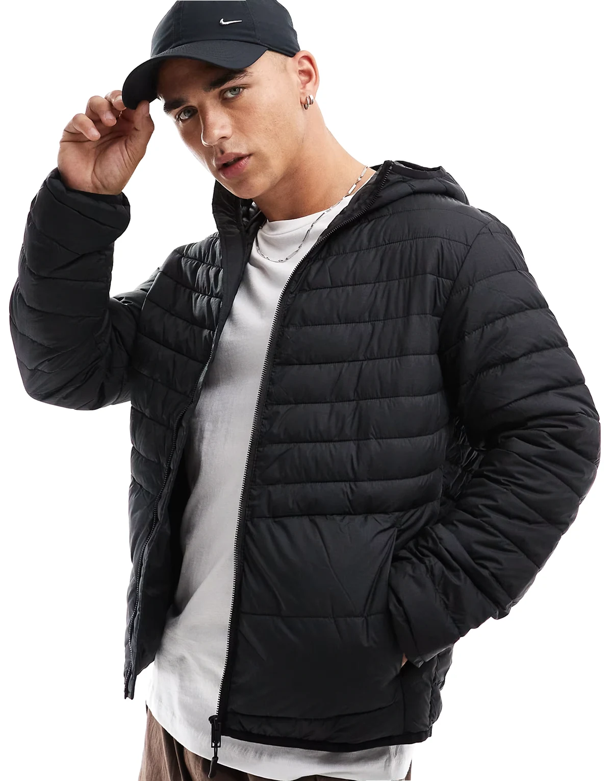 packable padded jacket with hood in black