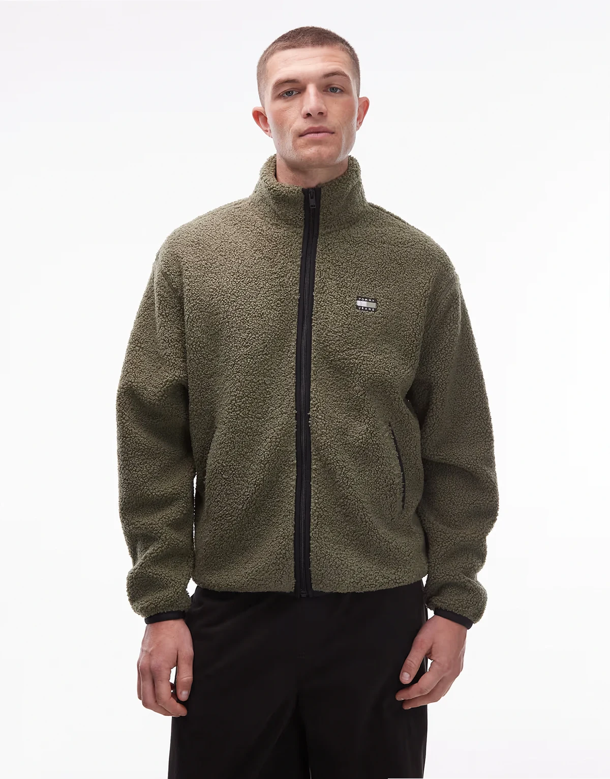 badge logo zip up teddy jacket in dark green