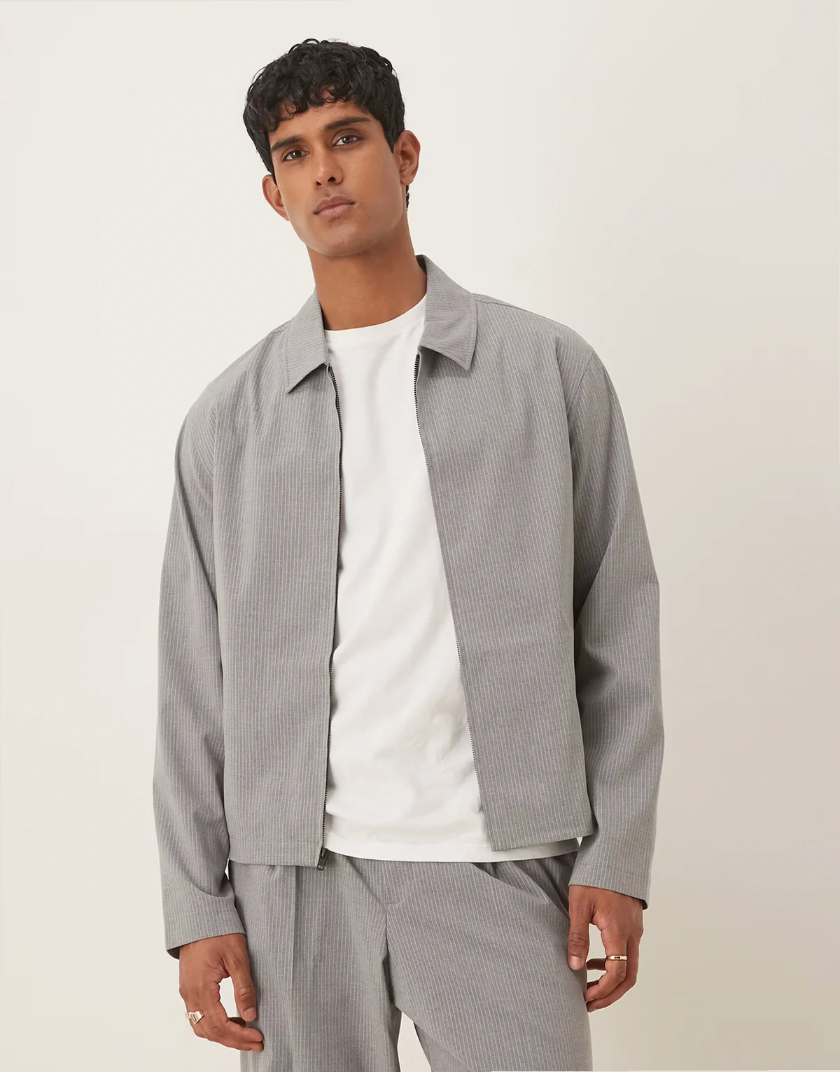 smart cropped Harrington jacket in gray pinstripe - part of a set