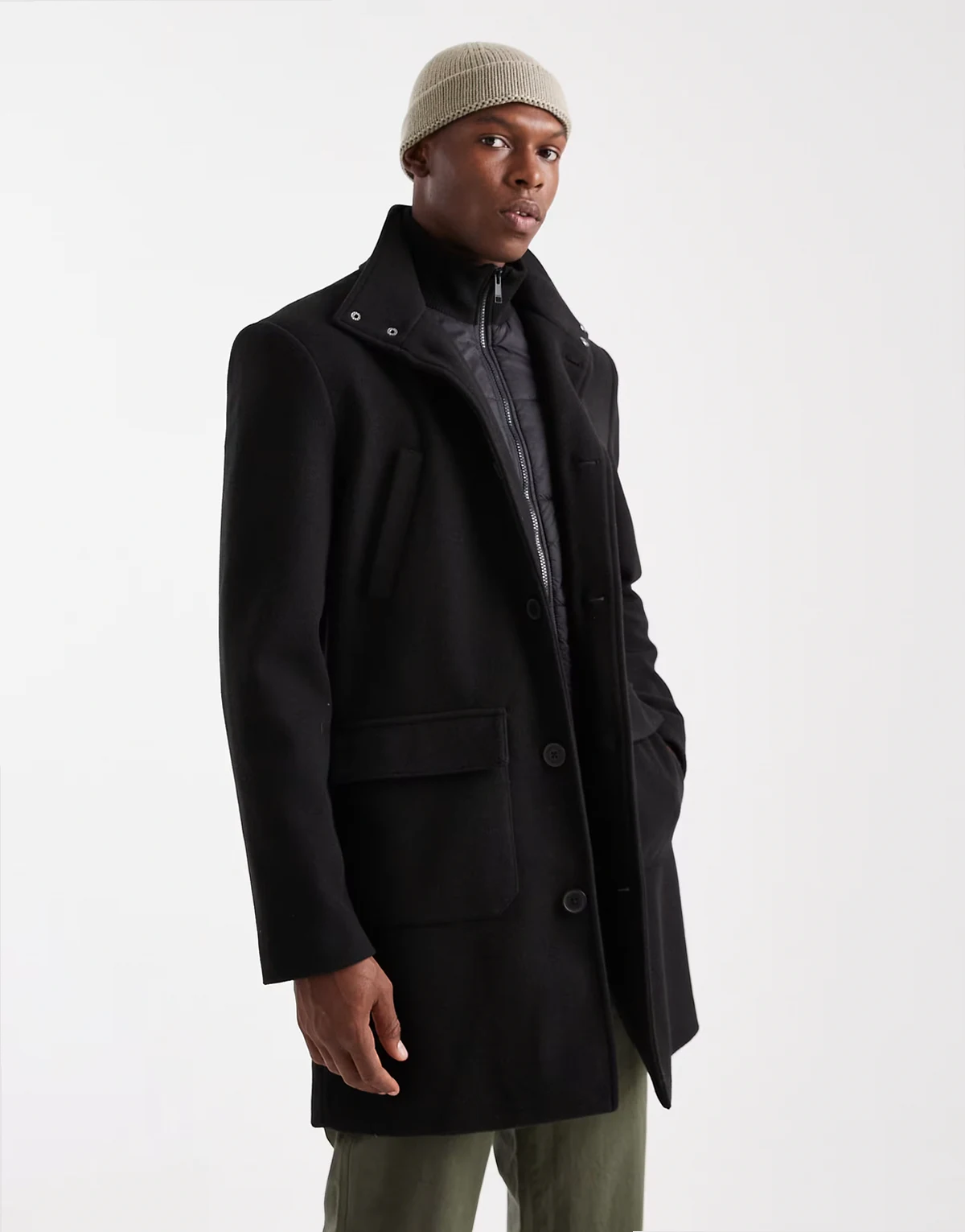 high neck button down windbreaker jacket with hood in black