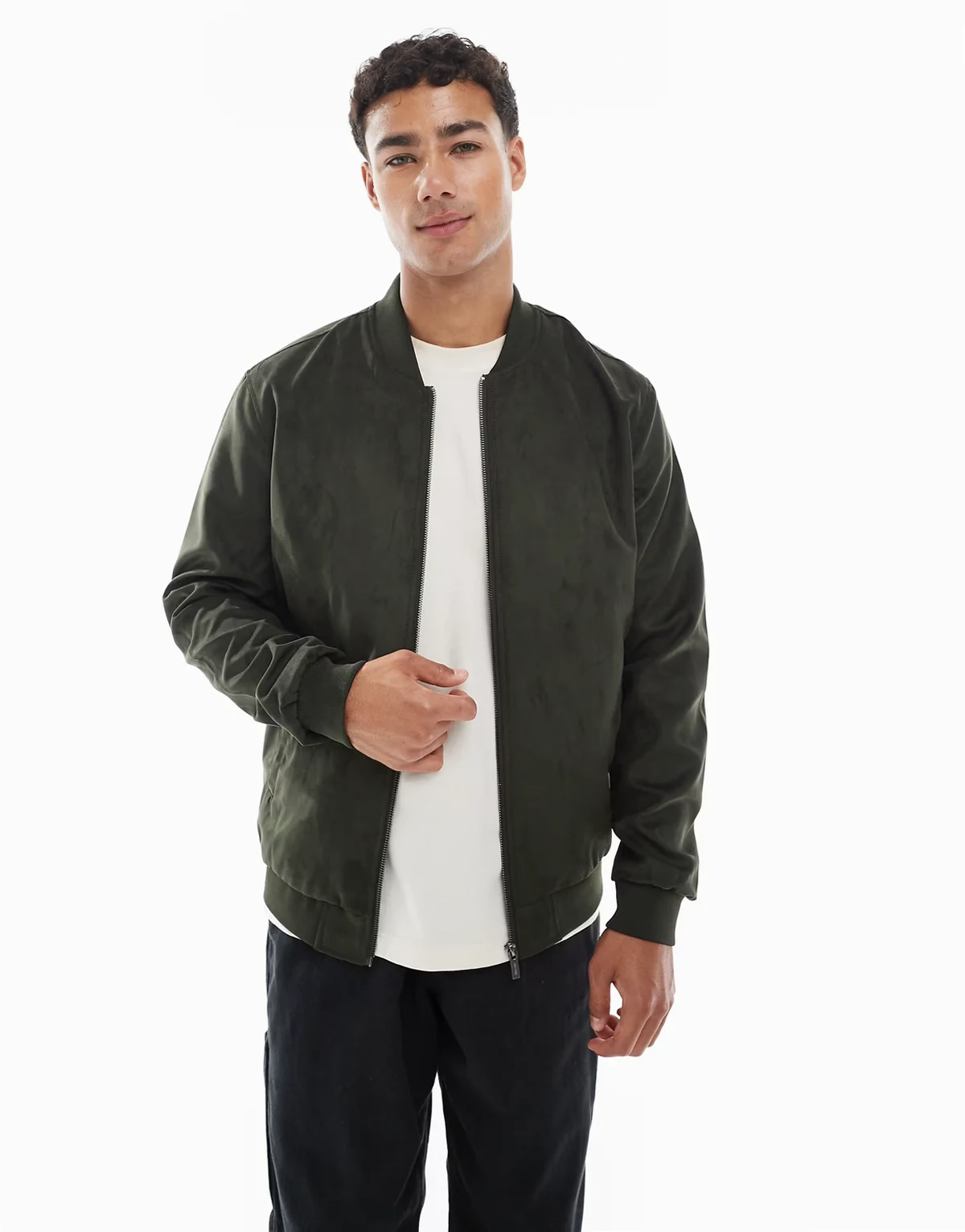 faux suede bomber jacket in dark green