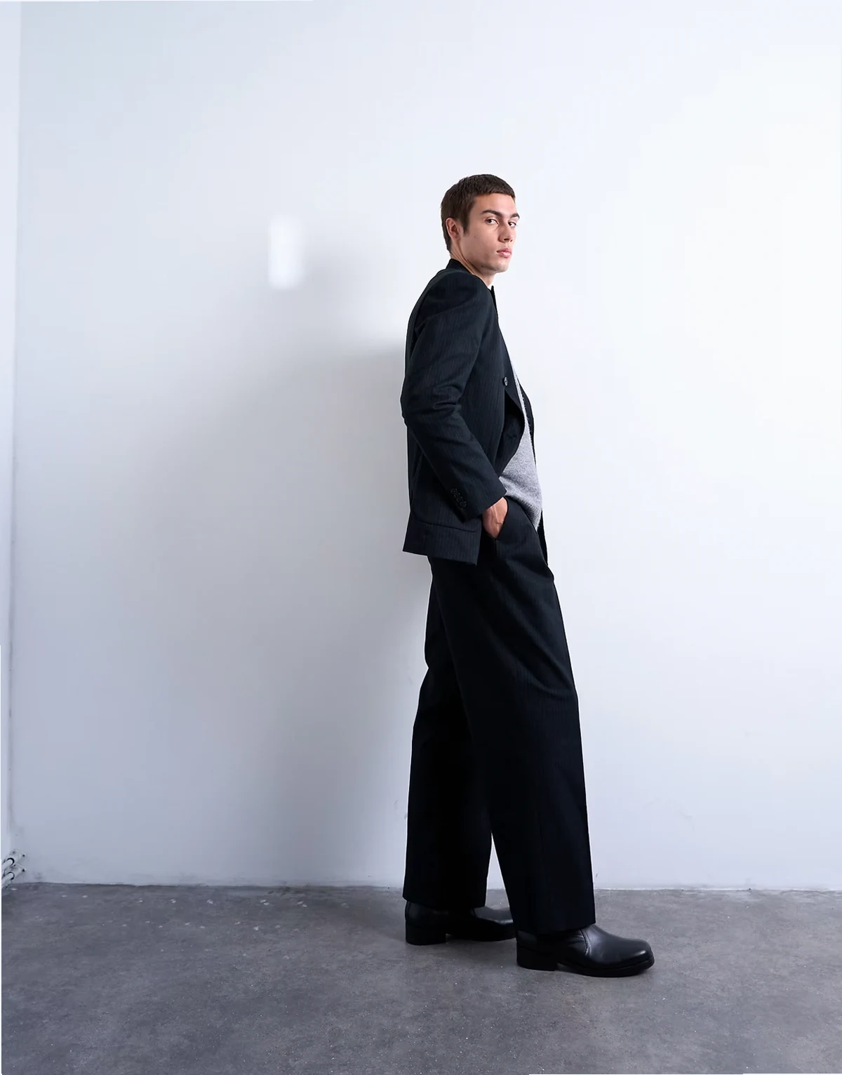 wool look wide leg striped suit pants in navy