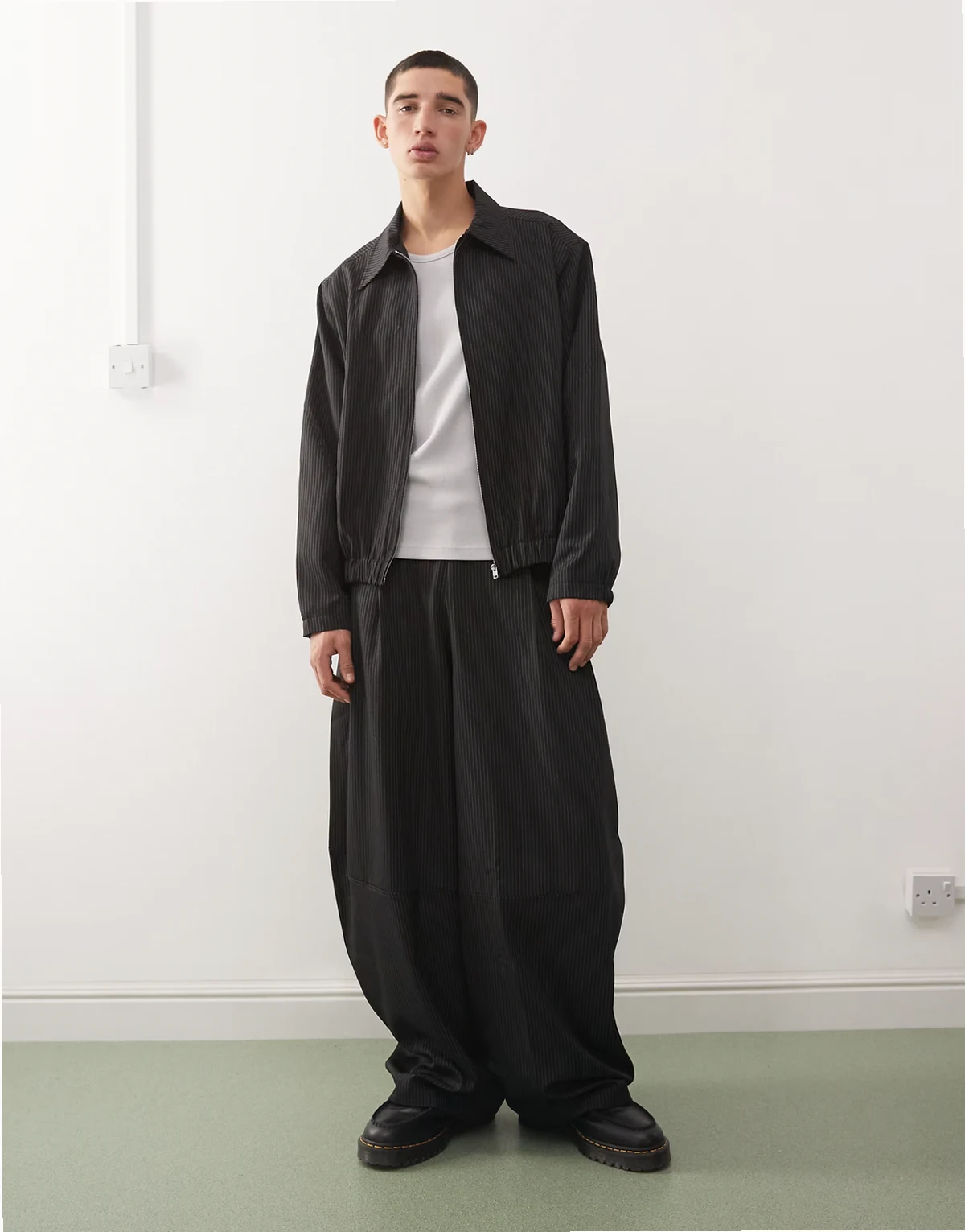 tailored pull on balloon pants in pinstripe