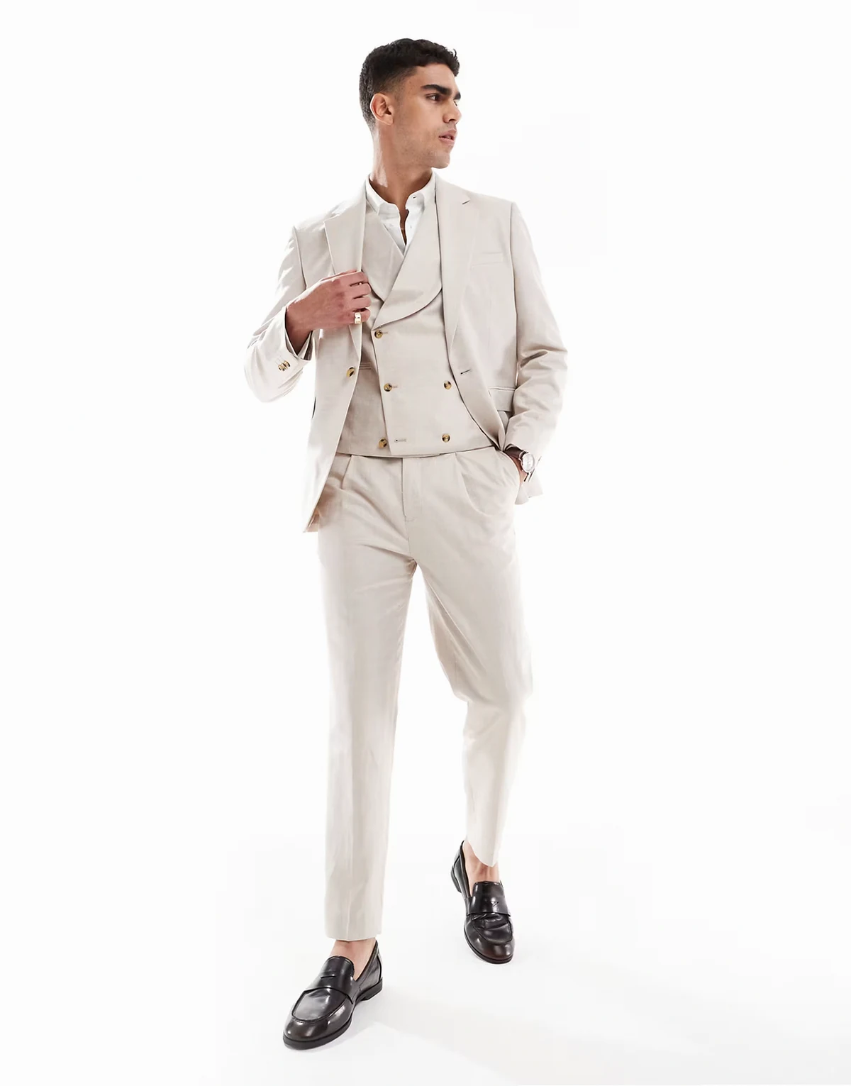 tapered suit pants with linen in stone twill