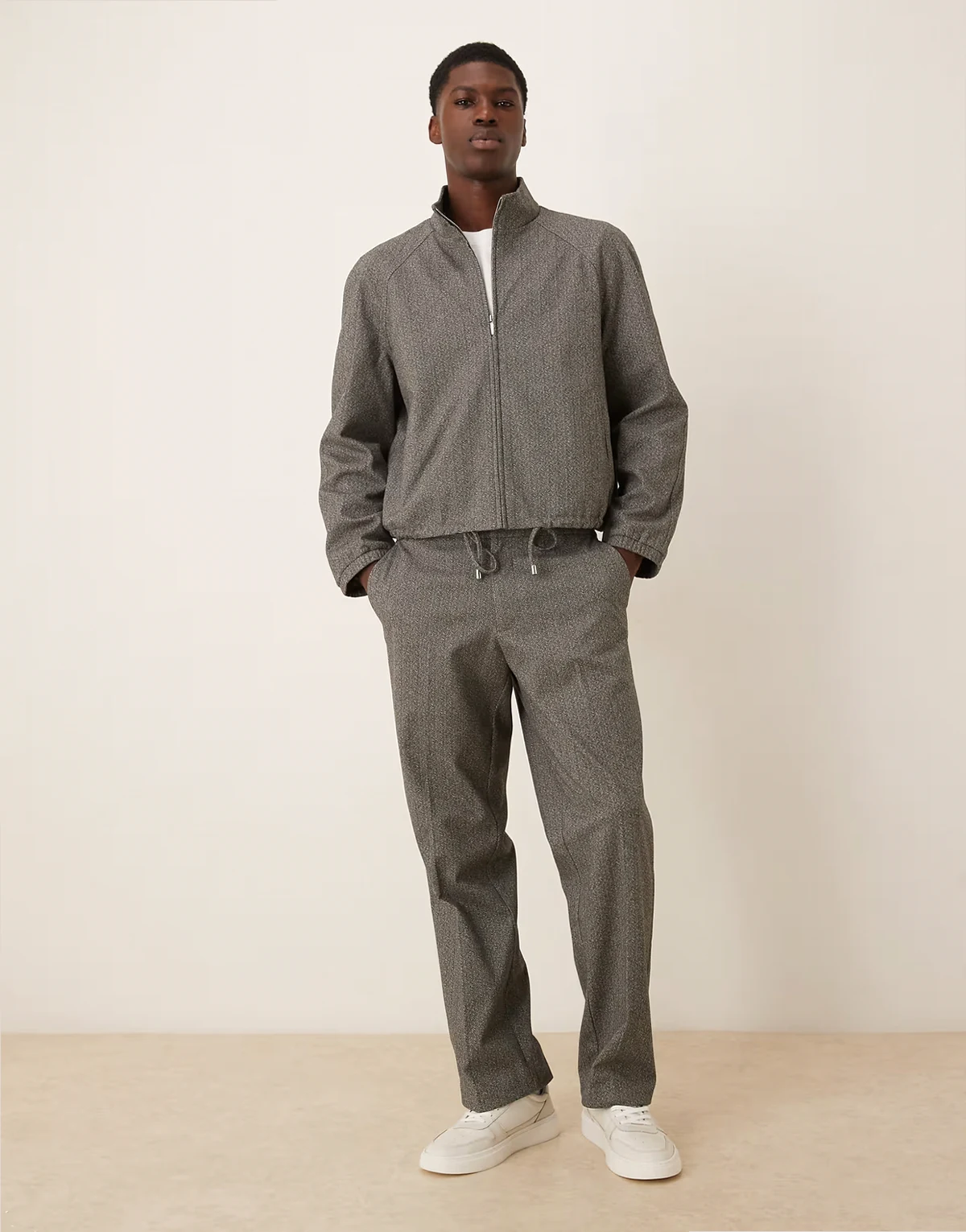 straight leg dress pants in gray herringbone - part of a set