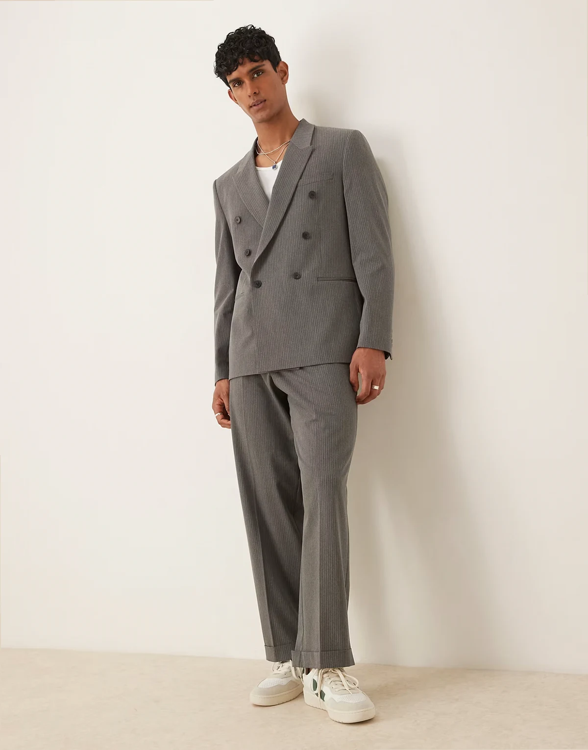 wide leg suit pants in charcoal pinstripe