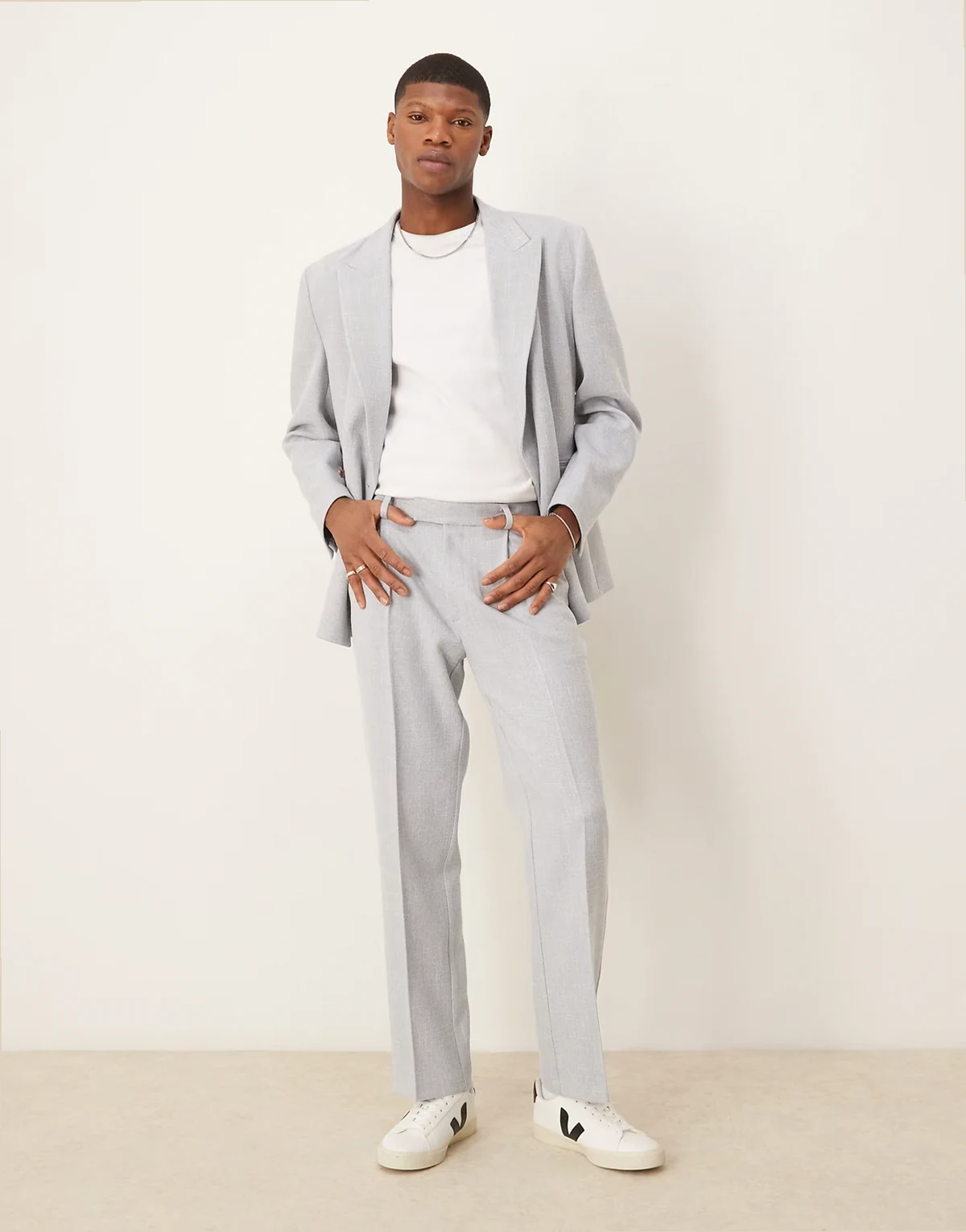 straight leg suit pants in light gray linen look